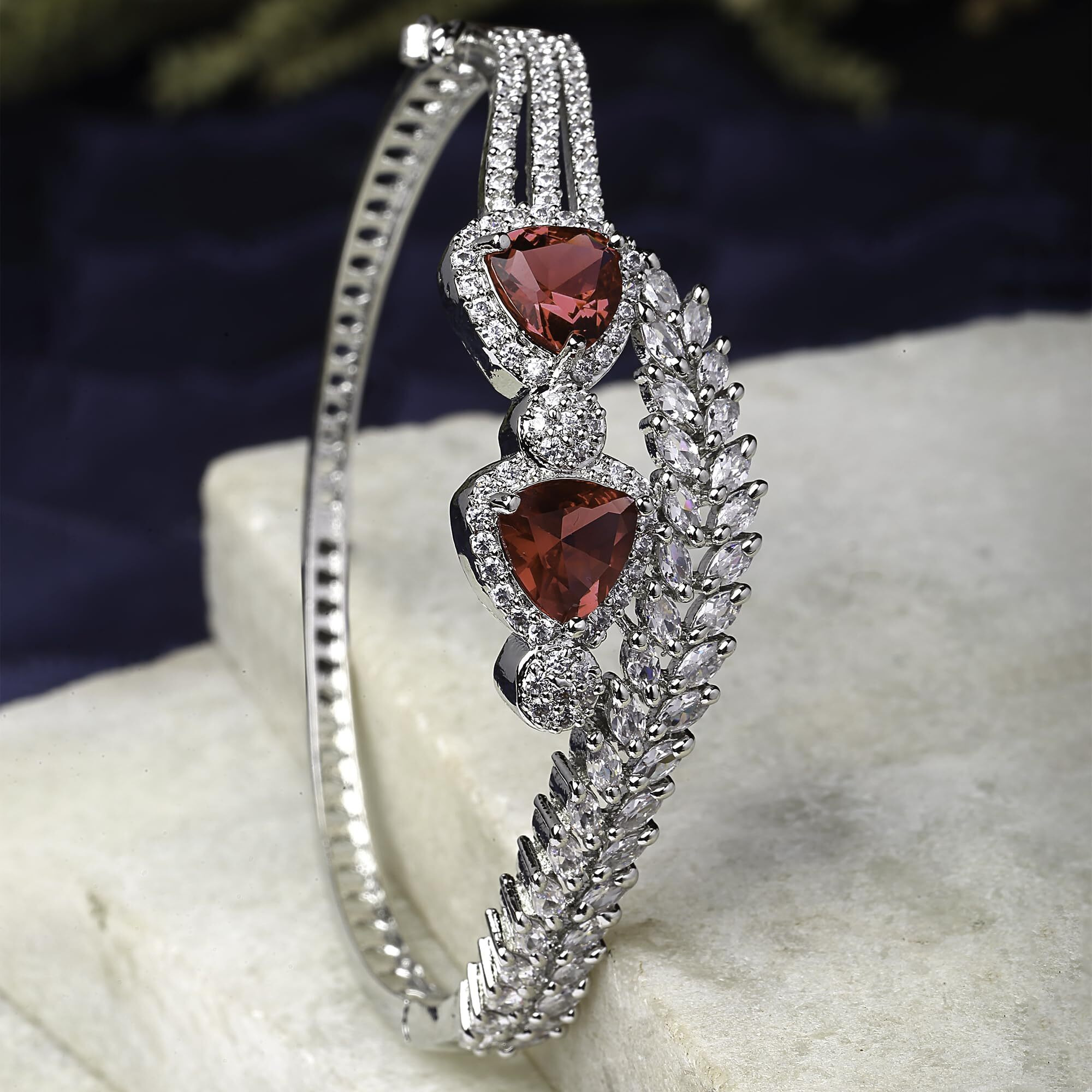ZENEME Bracelet Rhodium-Plated Silver Toned Red American Diamond Studded Teardrop With Leaf Shaped Openable Kada Bracelet For Women and Girls