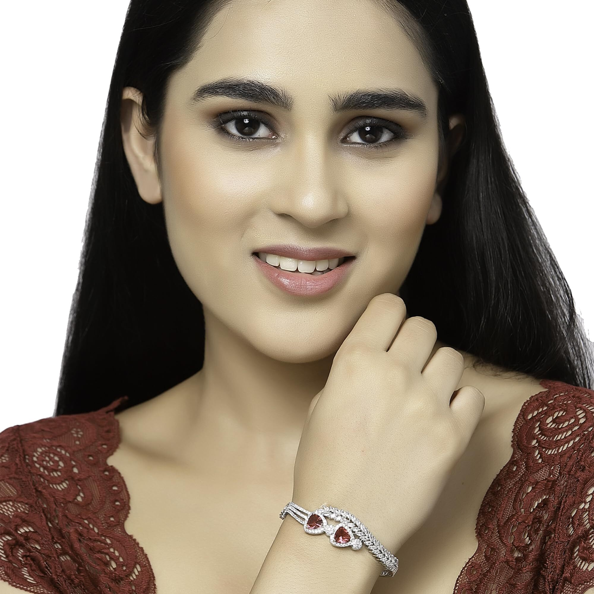 ZENEME Bracelet Rhodium-Plated Silver Toned Red American Diamond Studded Teardrop With Leaf Shaped Openable Kada Bracelet For Women and Girls