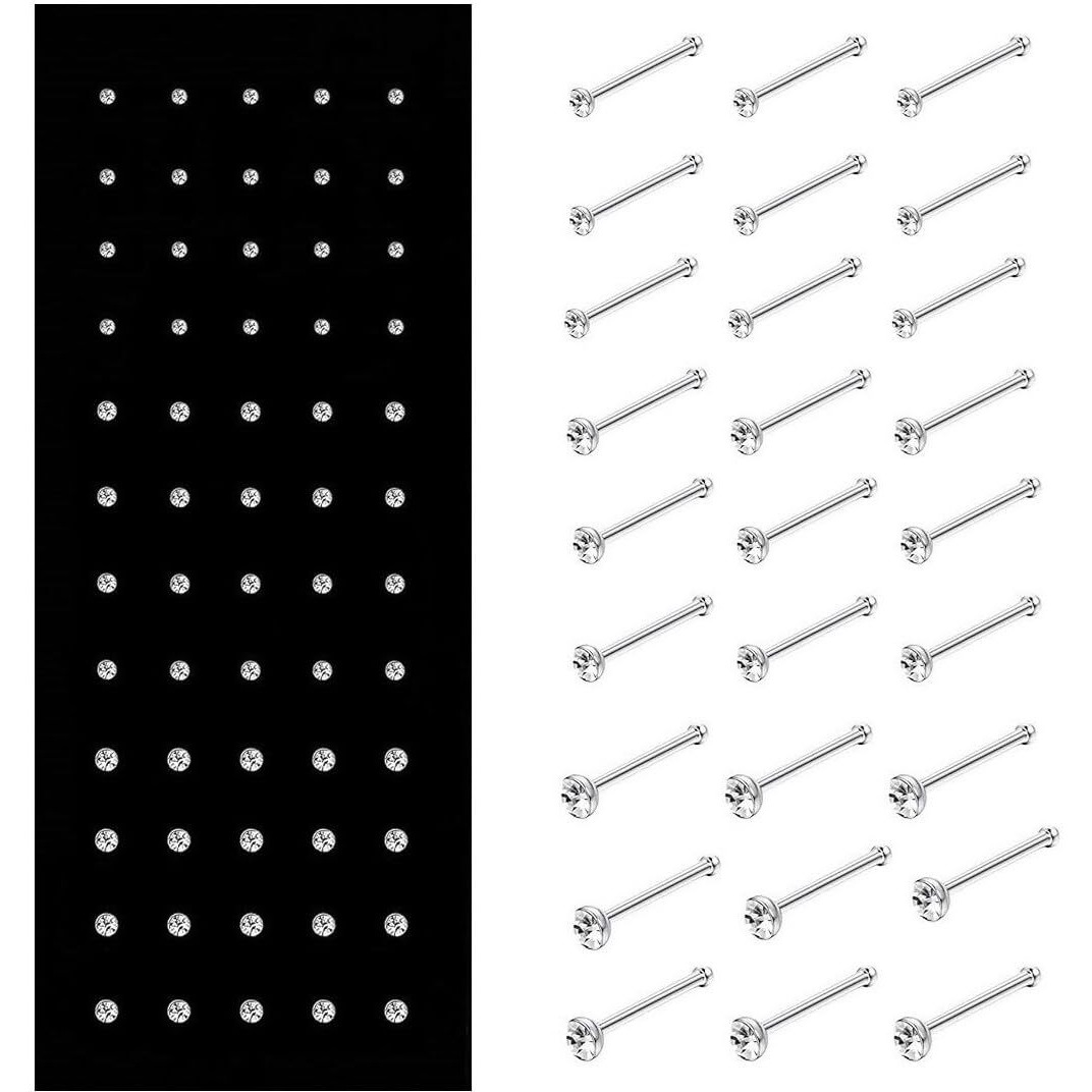 VAMA FASHIONS Body Piercing Jewelry Hole Nose Hoop Ring Sterling Nose pin Studs for Women & Girls (60 Pcs - 1.5/2.5 / 3mm) (Silver Nose studs for Pierced Nose)