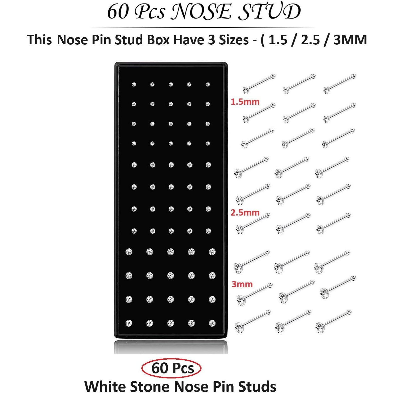 VAMA FASHIONS Body Piercing Jewelry Hole Nose Hoop Ring Sterling Nose pin Studs for Women & Girls (60 Pcs - 1.5/2.5 / 3mm) (Silver Nose studs for Pierced Nose)