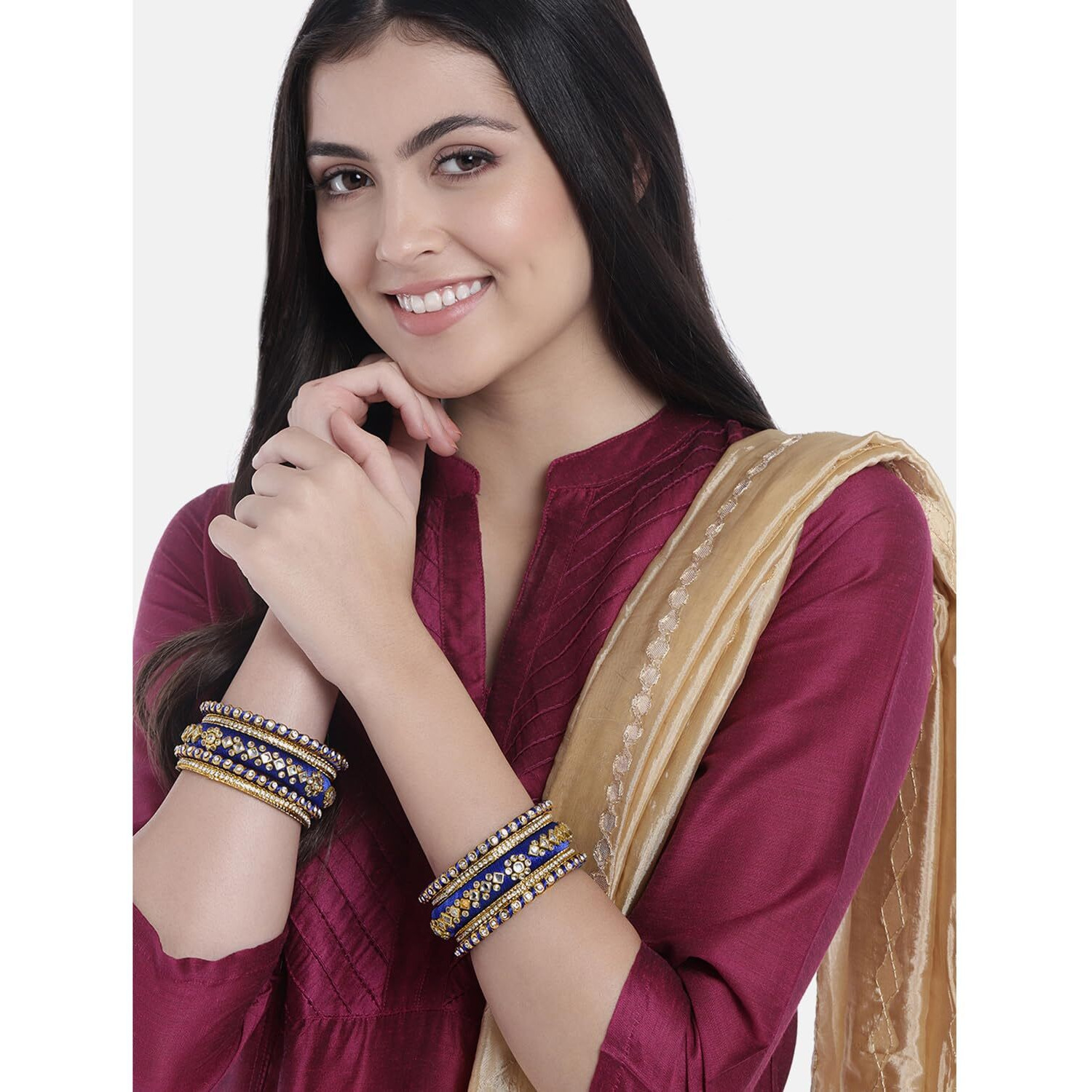 Peora Women Velvet Matching Fancy Silk Thread Cream White Chuda/Chura Bangle Set(Size 2.6)