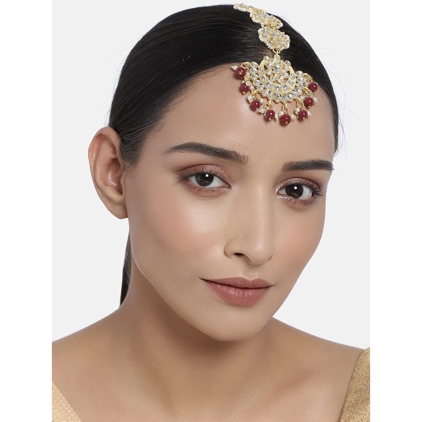 I Jewels 18K Gold Plated Matte Finish Traditional Pearls Kundan Studded Maang Tikka For Women/Girls (T2911M)