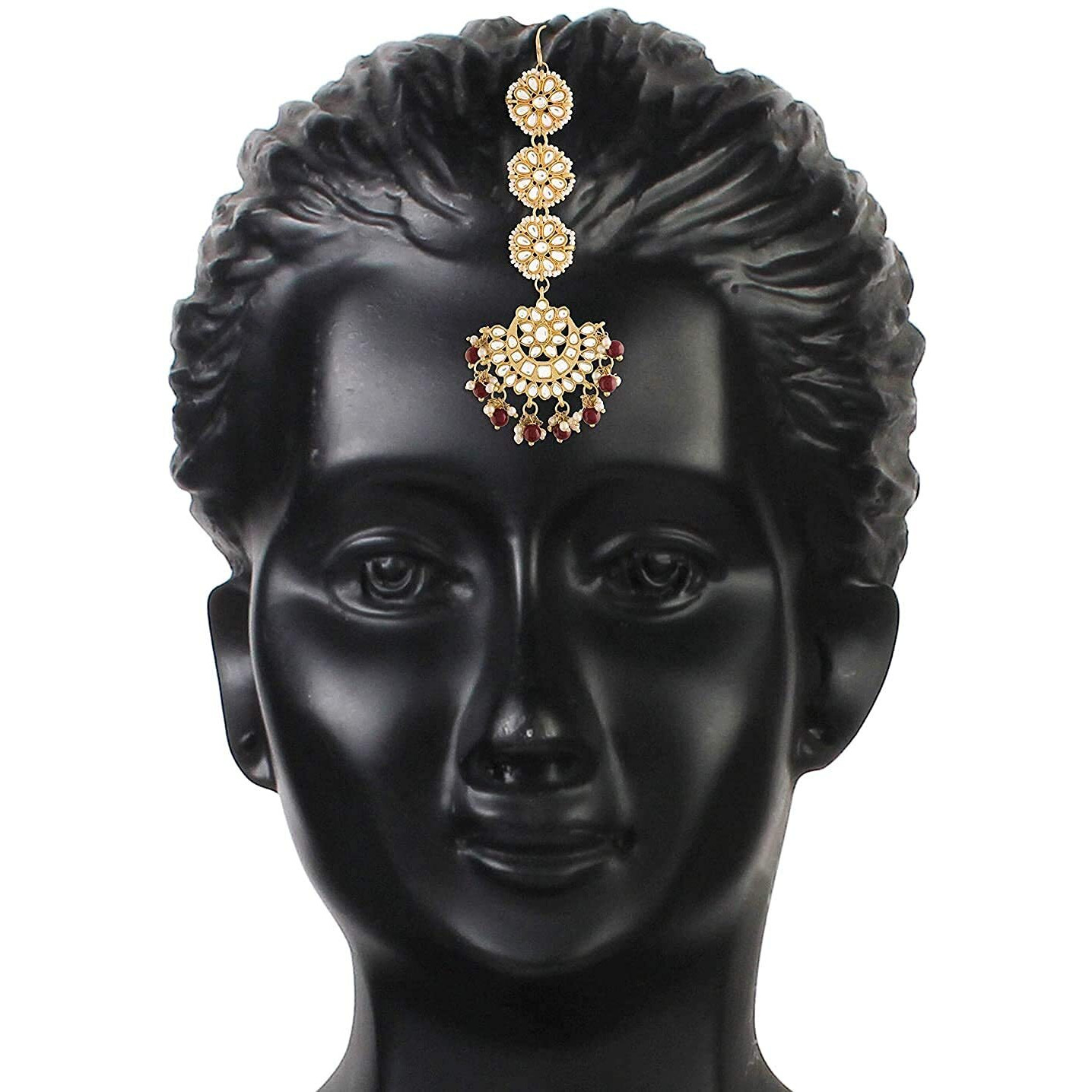 I Jewels 18K Gold Plated Matte Finish Traditional Pearls Kundan Studded Maang Tikka For Women/Girls (T2911M)