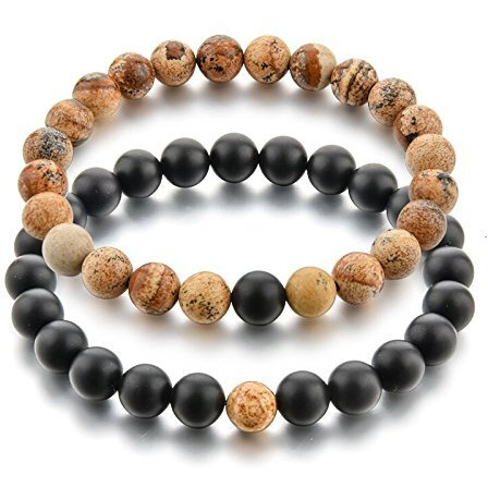 Couple Beads Long Distance Bracelets with Natural Stones and Healing Properties - His & Hers Matching Set. (Earth and Night Harmony Bracelets (Unakite + Onyx))