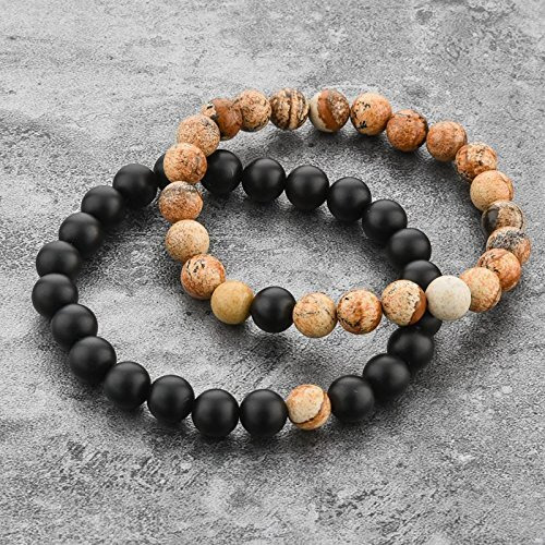 Couple Beads Long Distance Bracelets with Natural Stones and Healing Properties - His & Hers Matching Set. (Earth and Night Harmony Bracelets (Unakite + Onyx))