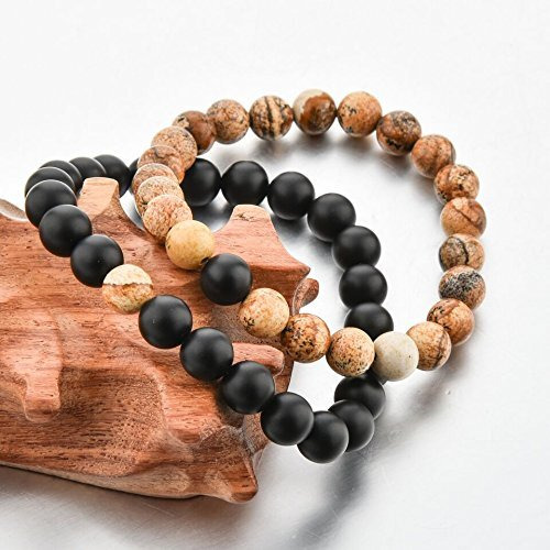Couple Beads Long Distance Bracelets with Natural Stones and Healing Properties - His & Hers Matching Set. (Earth and Night Harmony Bracelets (Unakite + Onyx))