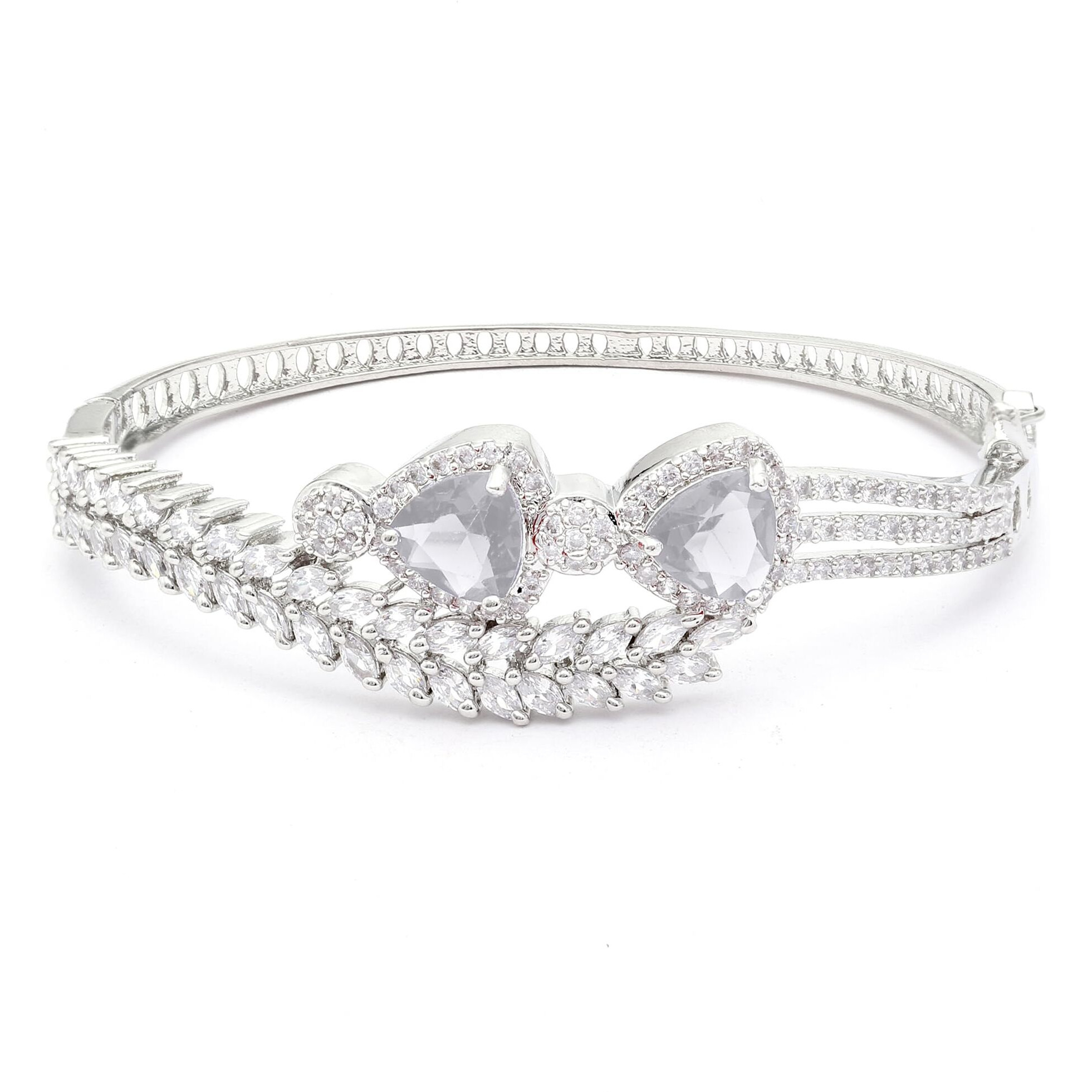 ZENEME Bracelet Rhodium-Plated Silver Toned Grey Crystal American Diamond Studded Teardrop With Leaf Shaped Openable Kada Bracelet For Women and Girls