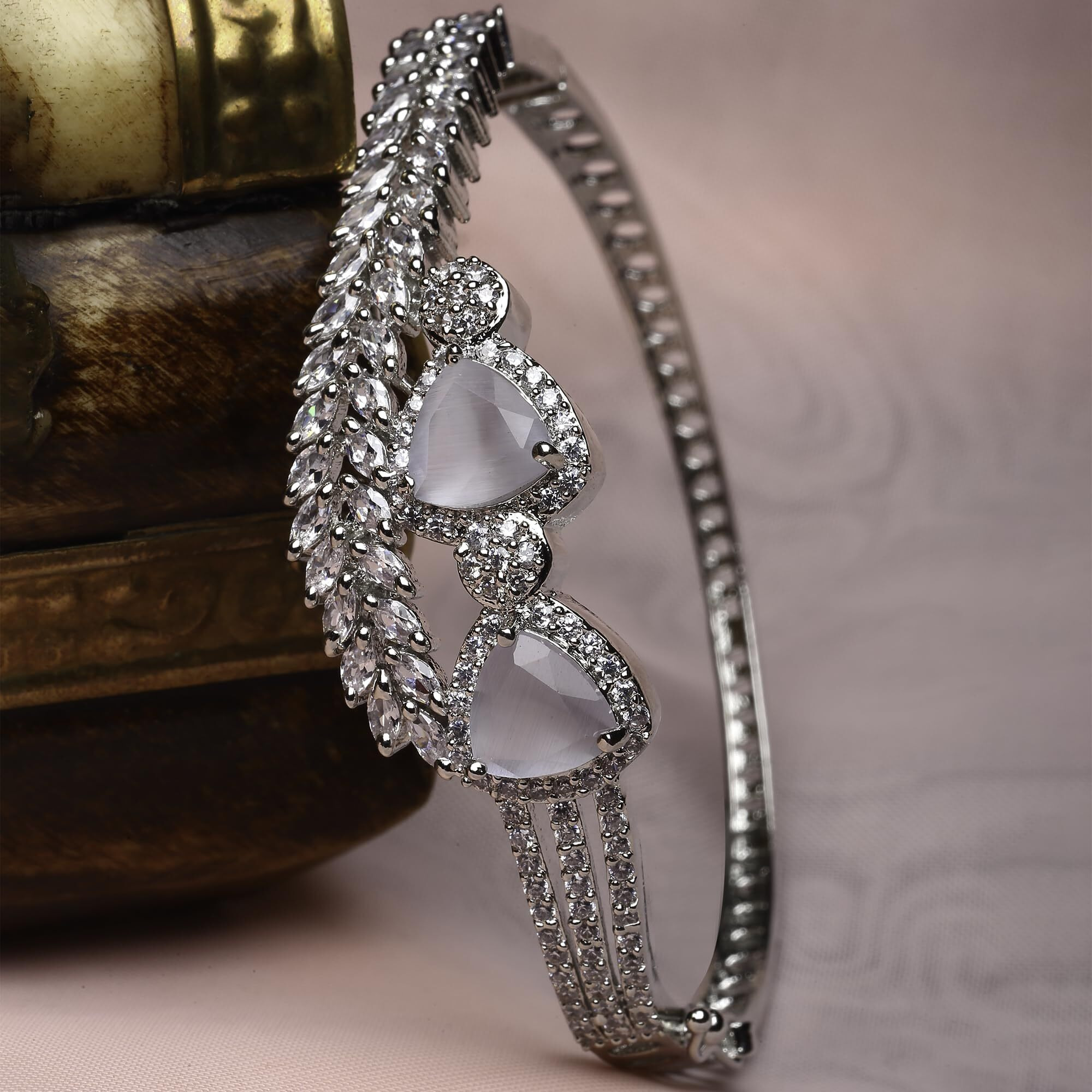 ZENEME Bracelet Rhodium-Plated Silver Toned Grey Crystal American Diamond Studded Teardrop With Leaf Shaped Openable Kada Bracelet For Women and Girls