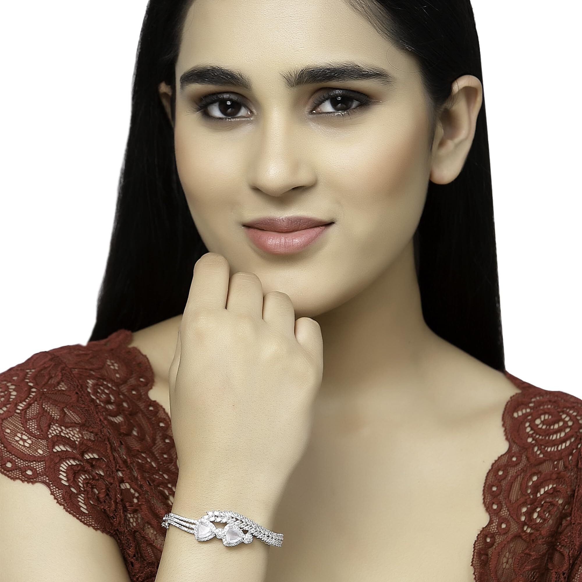 ZENEME Bracelet Rhodium-Plated Silver Toned Grey Crystal American Diamond Studded Teardrop With Leaf Shaped Openable Kada Bracelet For Women and Girls