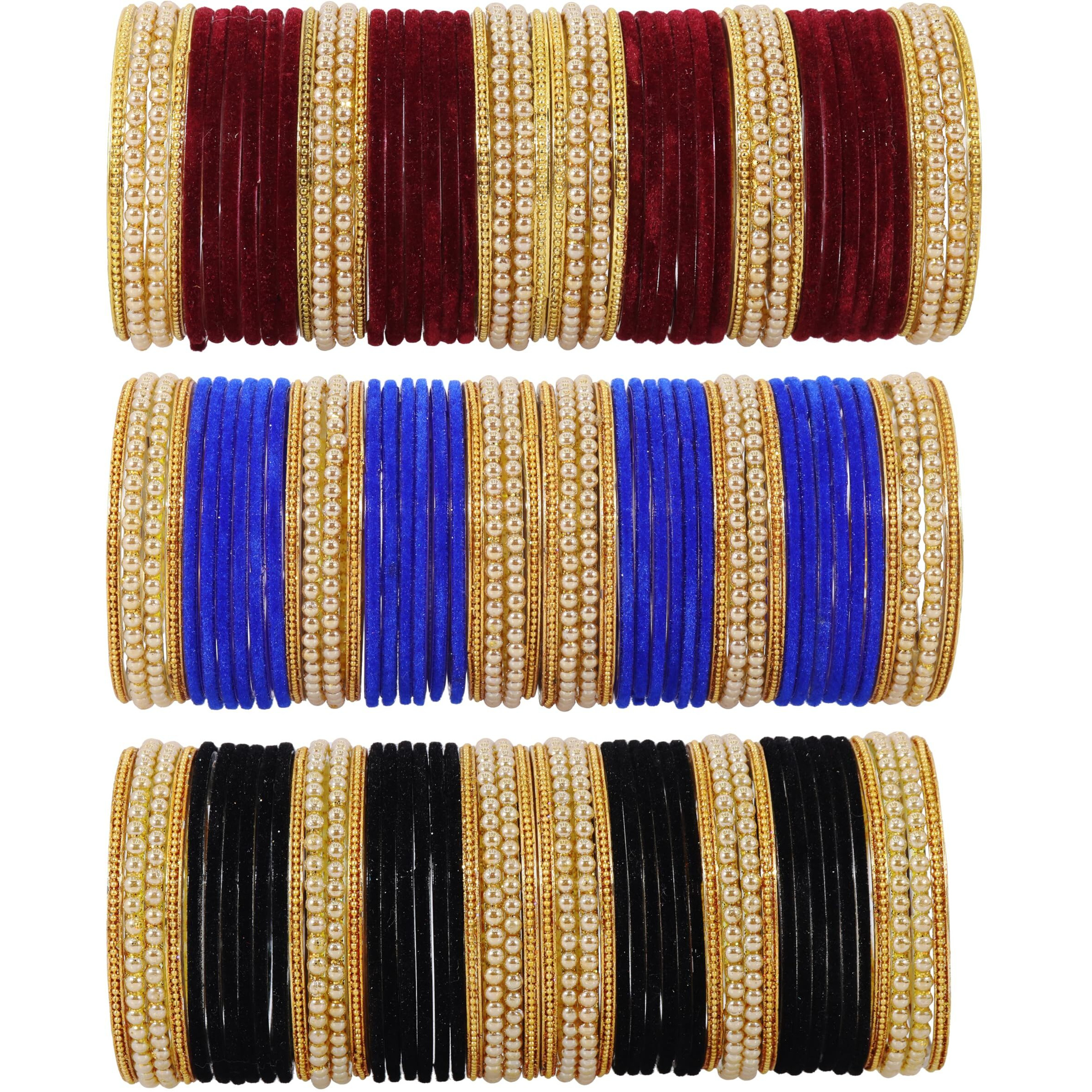 NMII Glass with Premium Velvet, Pearls and Ballchain Studded Fancy Bangles Set For Womens and Girls | Multicolour Stylish Bangles Set- Pack of 144 Bangles, (MultiColour-2.4 Inches)