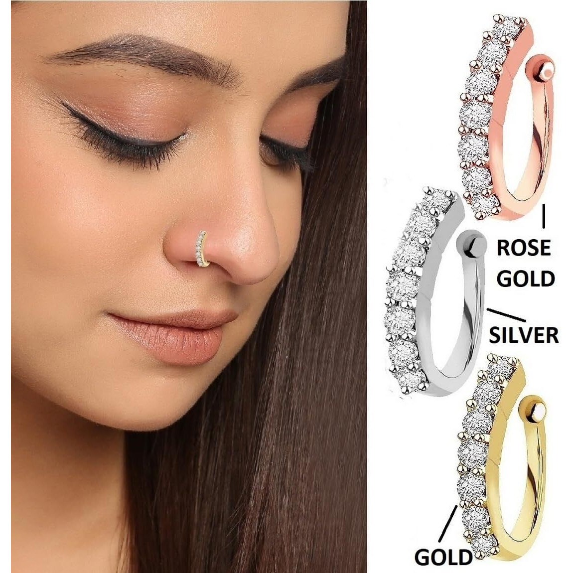 VAMA FASHIONS Clip on Nose rings without Piercing Pressing Press Type Combo Nose Pin Stud for Women & Girls (Clip On Pressing Nose ring)