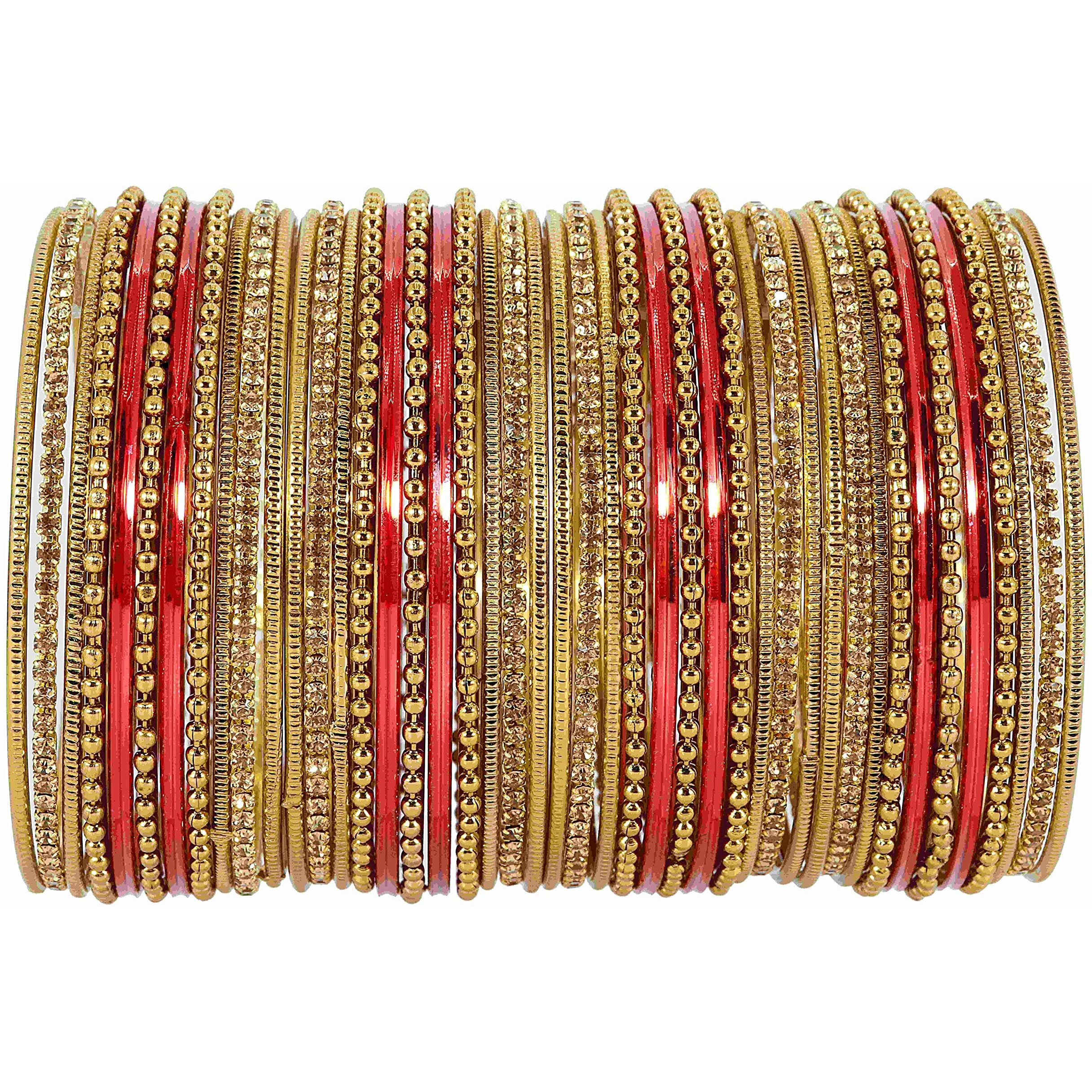 NMII Non-Precious Metal with Base Metal Zircon Gemstone Studded Glossy Finished Ballchain Linked Gold Plated Cutting Pattern Bangle set for Women and Girls, (D-Red _2.4 Inches), Pack Of 44 Bangles