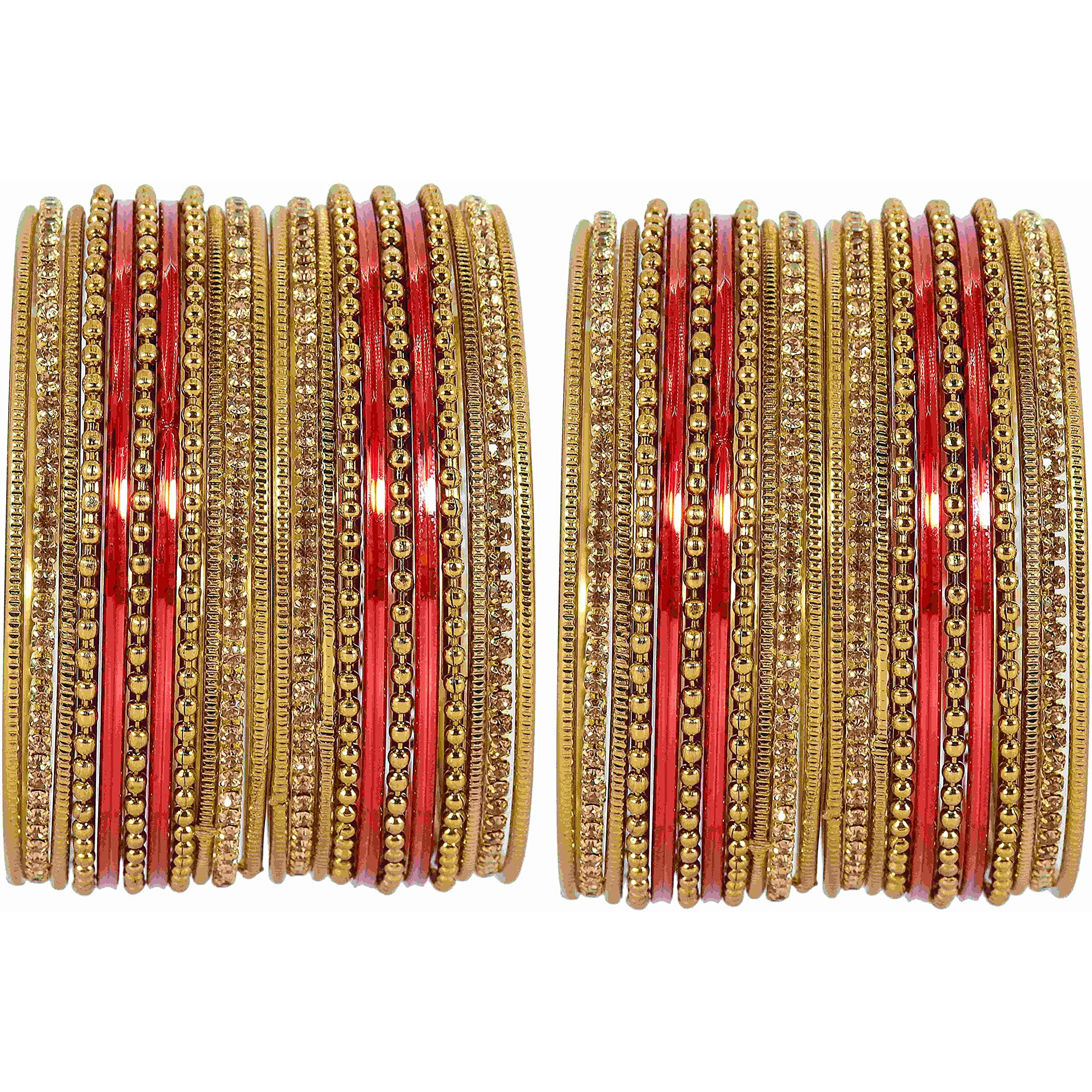 NMII Non-Precious Metal with Base Metal Zircon Gemstone Studded Glossy Finished Ballchain Linked Gold Plated Cutting Pattern Bangle set for Women and Girls, (D-Red _2.4 Inches), Pack Of 44 Bangles