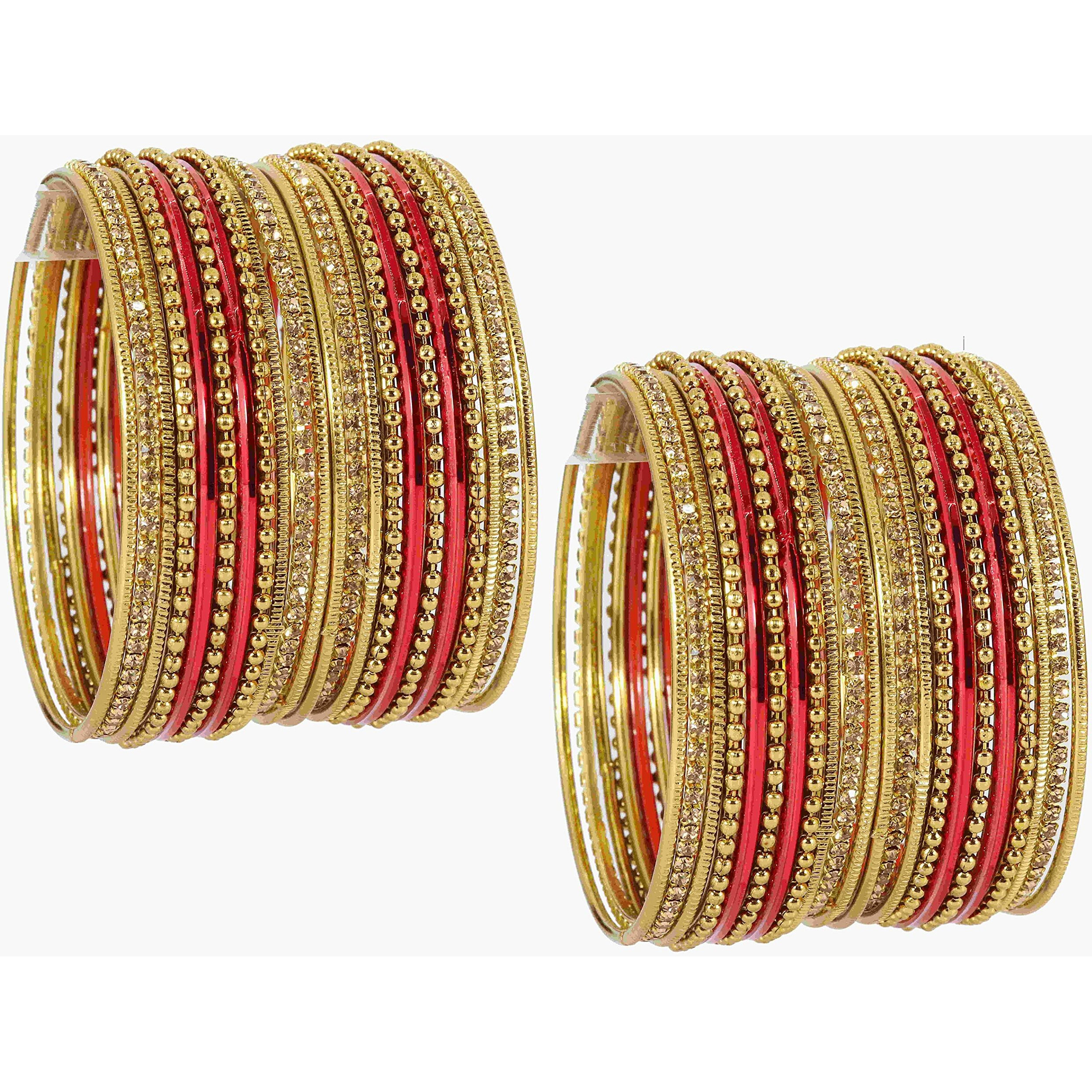 NMII Non-Precious Metal with Base Metal Zircon Gemstone Studded Glossy Finished Ballchain Linked Gold Plated Cutting Pattern Bangle set for Women and Girls, (D-Red _2.4 Inches), Pack Of 44 Bangles