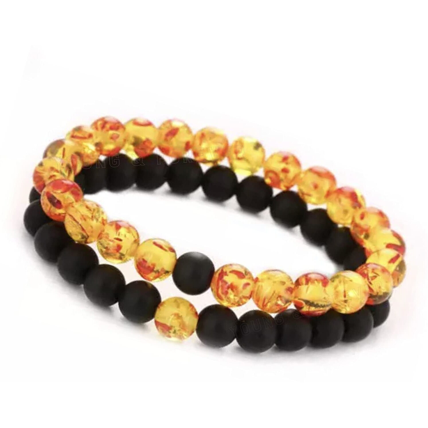 Young & Forever Gift Mens Beaded Bracelets Onyx Stone Beads for Women Anxiety Long Distance Relationships Synthetic Amber Couples Bracelets Set of 2 Couples Gift