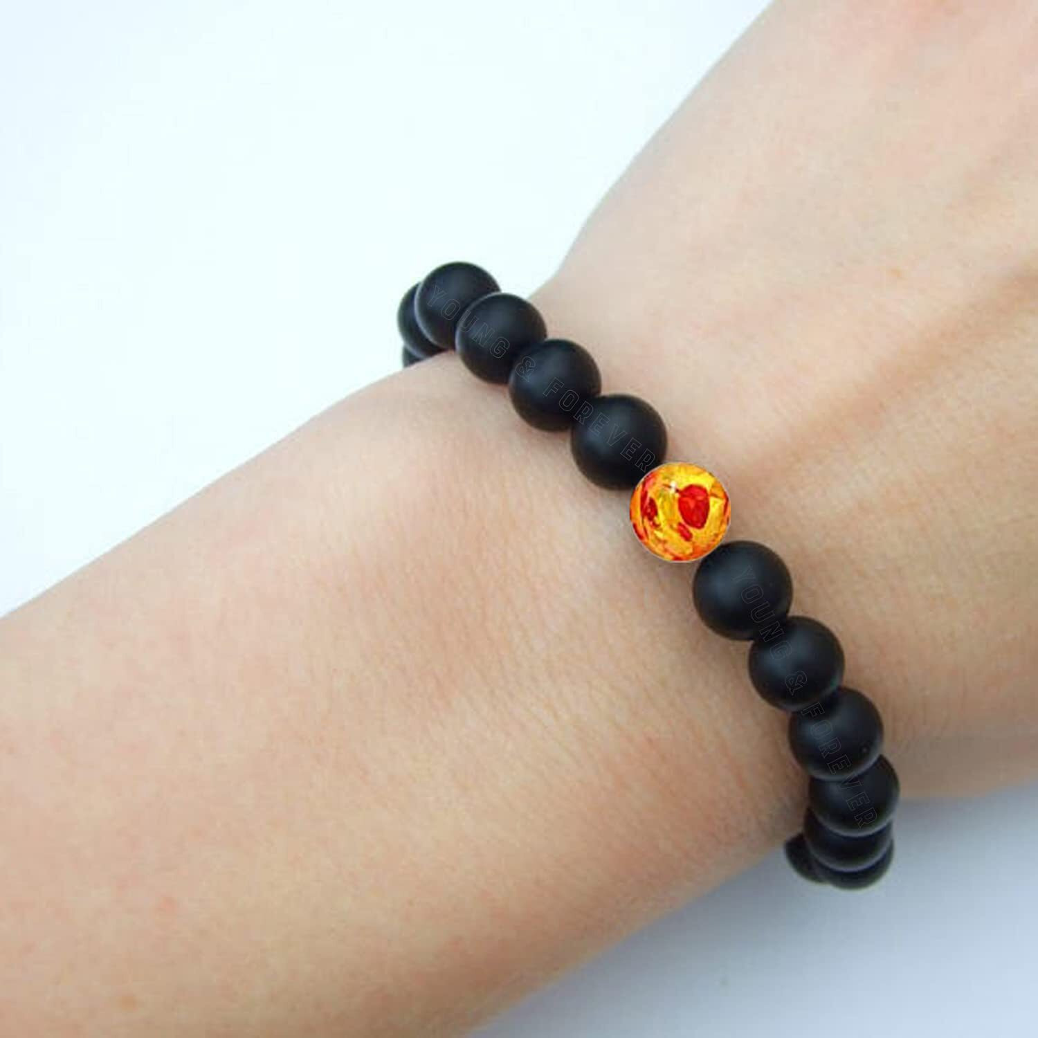 Young & Forever Gift Mens Beaded Bracelets Onyx Stone Beads for Women Anxiety Long Distance Relationships Synthetic Amber Couples Bracelets Set of 2 Couples Gift