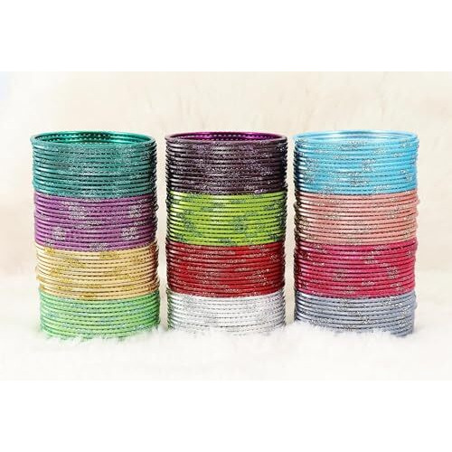 NMII Stylish Multi colour Metal Bangles set for women and Girls with Zari and Cutting Design | Fancy Multicolour Bangles for women | Metal Churi Set- Pack of 144 Bangles, (PP15-(6)-Multi-2.2)