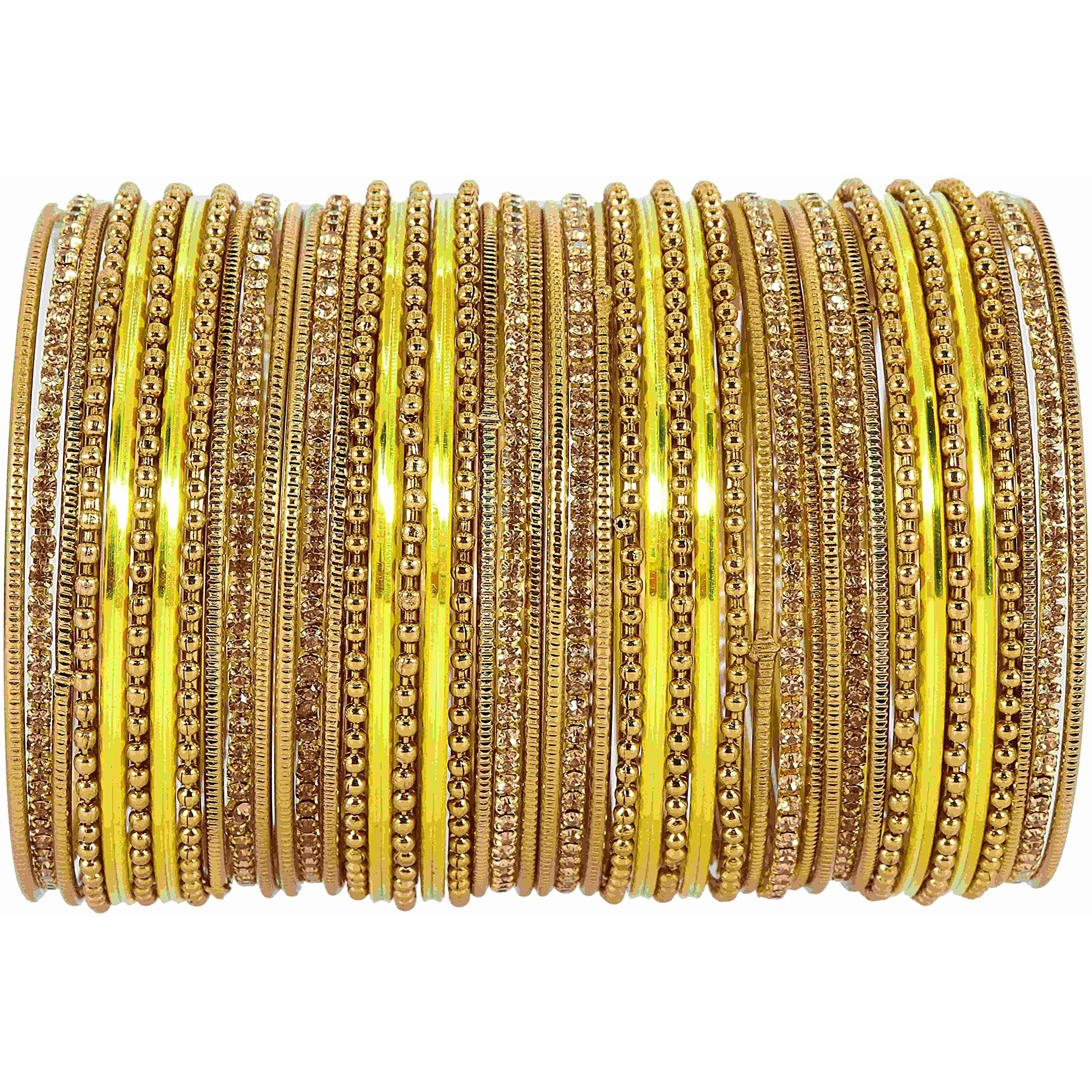 NMII Non-Precious Metal with Base Metal Zircon Gemstone Studded Glossy Finished Ballchain Linked Gold Plated Cutting Pattern Bangle set for Women and Girls, (D-Yellow _2.6 Inches), Pack Of 44 Bangles