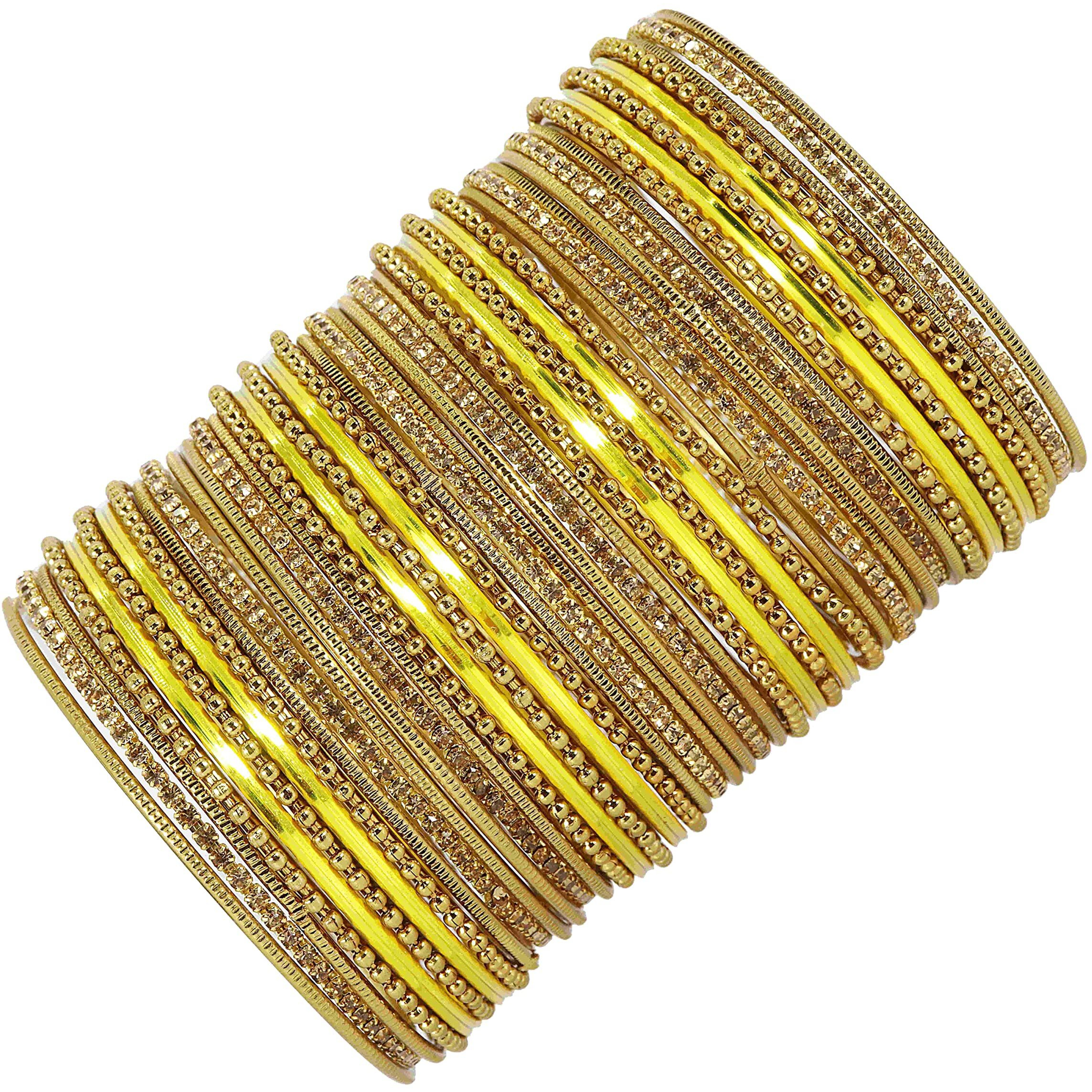 NMII Non-Precious Metal with Base Metal Zircon Gemstone Studded Glossy Finished Ballchain Linked Gold Plated Cutting Pattern Bangle set for Women and Girls, (D-Yellow _2.6 Inches), Pack Of 44 Bangles
