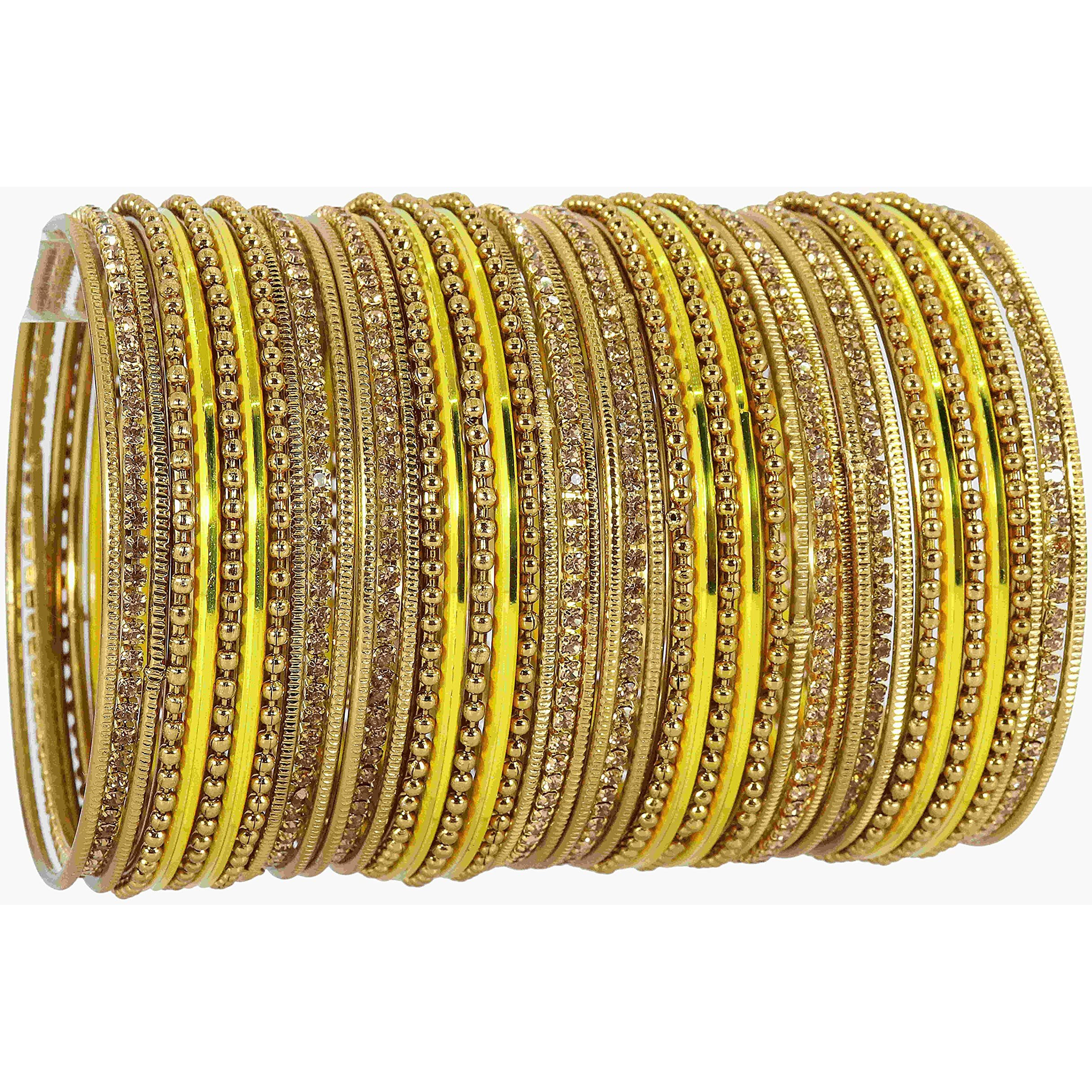 NMII Non-Precious Metal with Base Metal Zircon Gemstone Studded Glossy Finished Ballchain Linked Gold Plated Cutting Pattern Bangle set for Women and Girls, (D-Yellow _2.6 Inches), Pack Of 44 Bangles