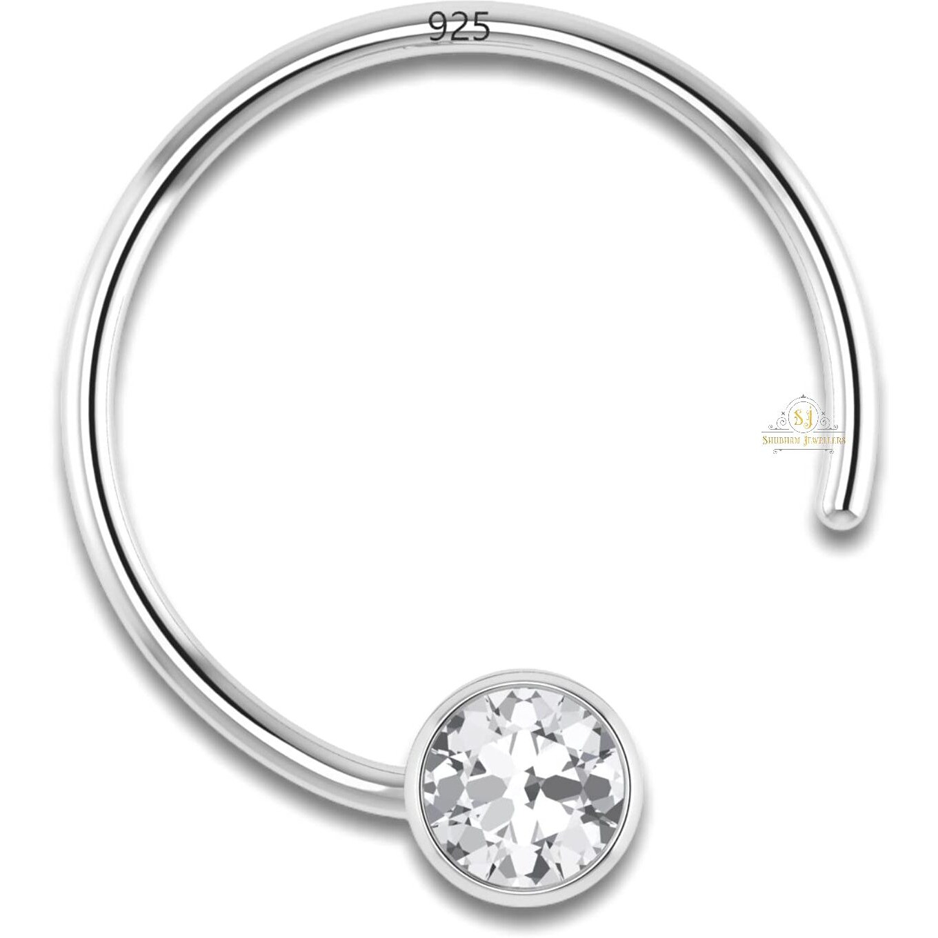 SJ SHUBHAM JEWELLERS 92.5-925 Sterling Silver Round Shape White Cubic Zirconia Cup Setting Nose Pin Stud for Women Girls Size 2mm(Bezel Setting)