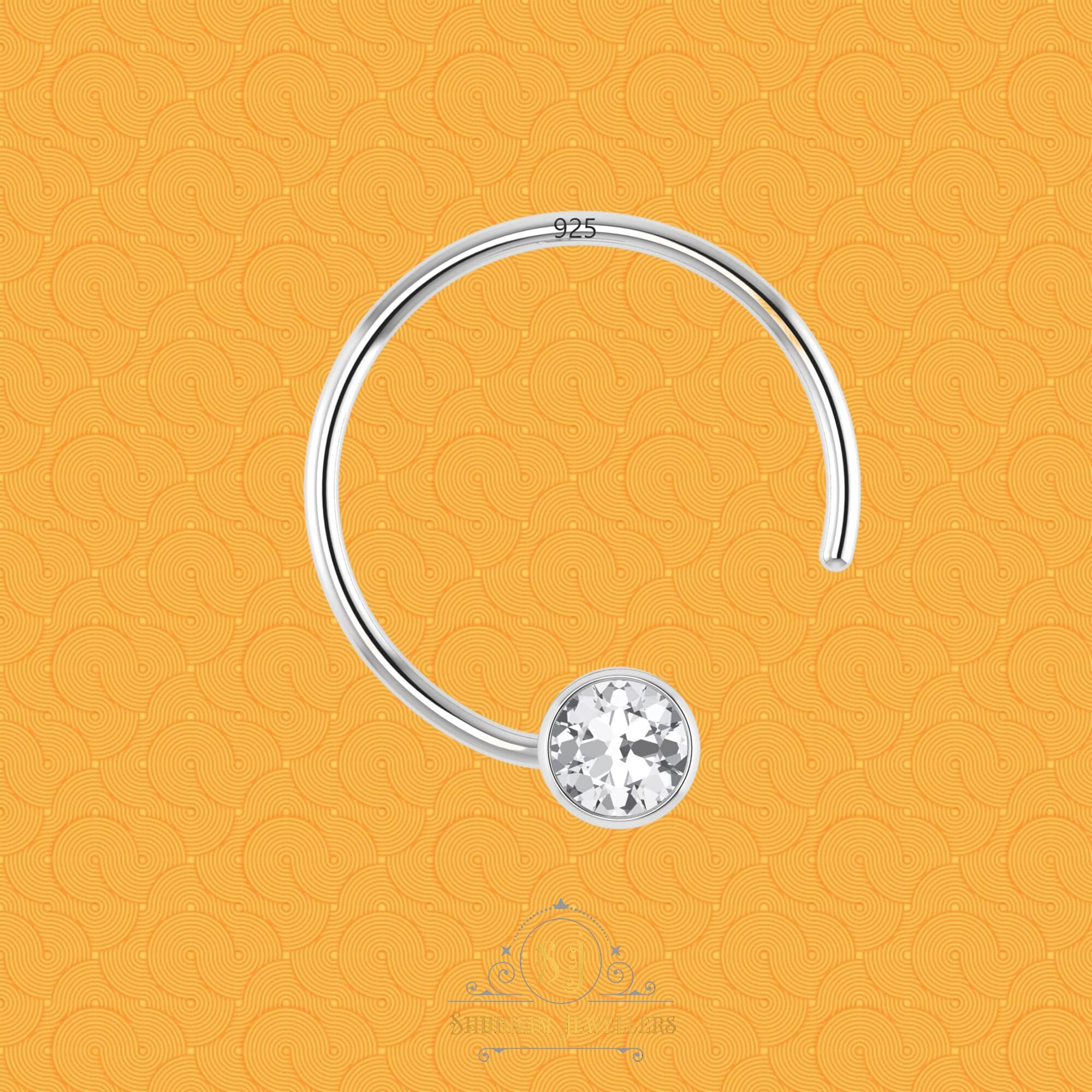 SJ SHUBHAM JEWELLERS 92.5-925 Sterling Silver Round Shape White Cubic Zirconia Cup Setting Nose Pin Stud for Women Girls Size 2mm(Bezel Setting)