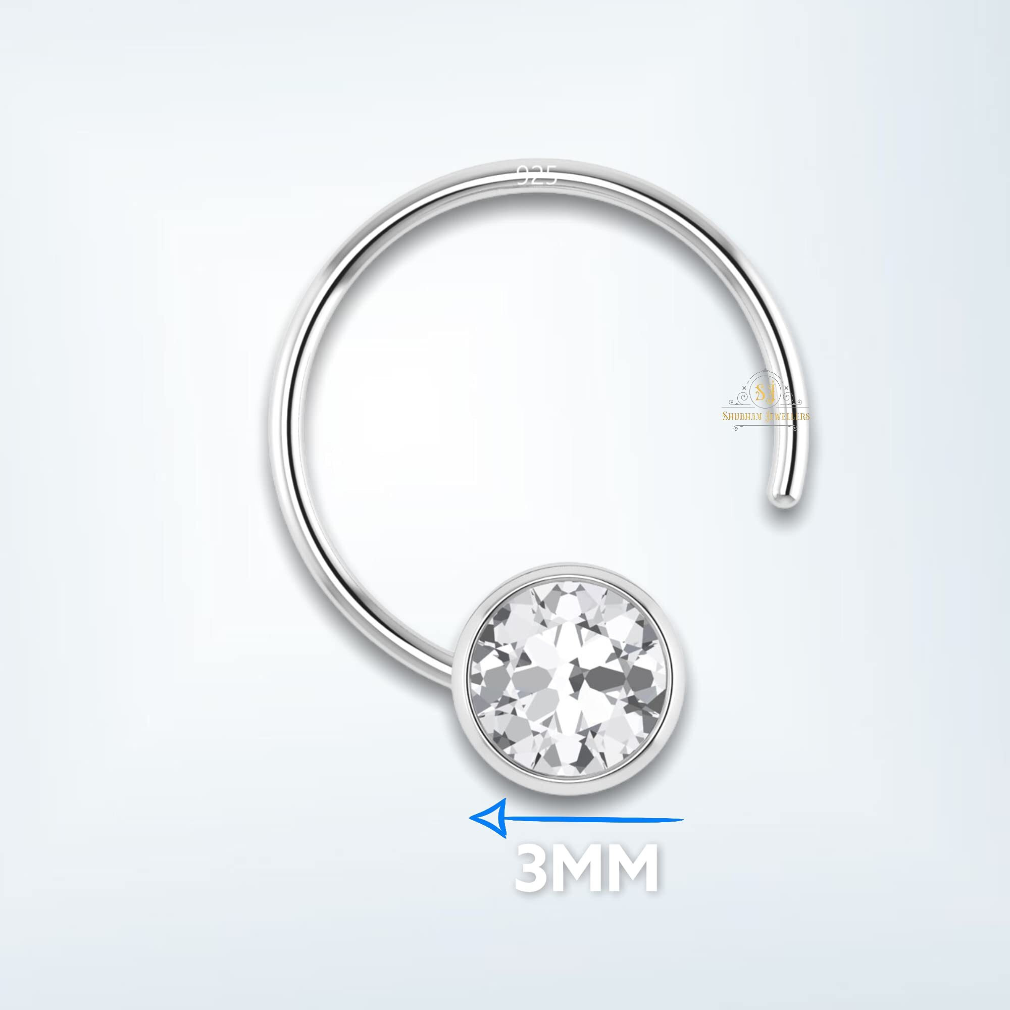 SJ SHUBHAM JEWELLERS 92.5-925 Sterling Silver Round Shape White Cubic Zirconia Cup Setting Nose Pin Stud for Women Girls Size 3mm (Bezel Setting)