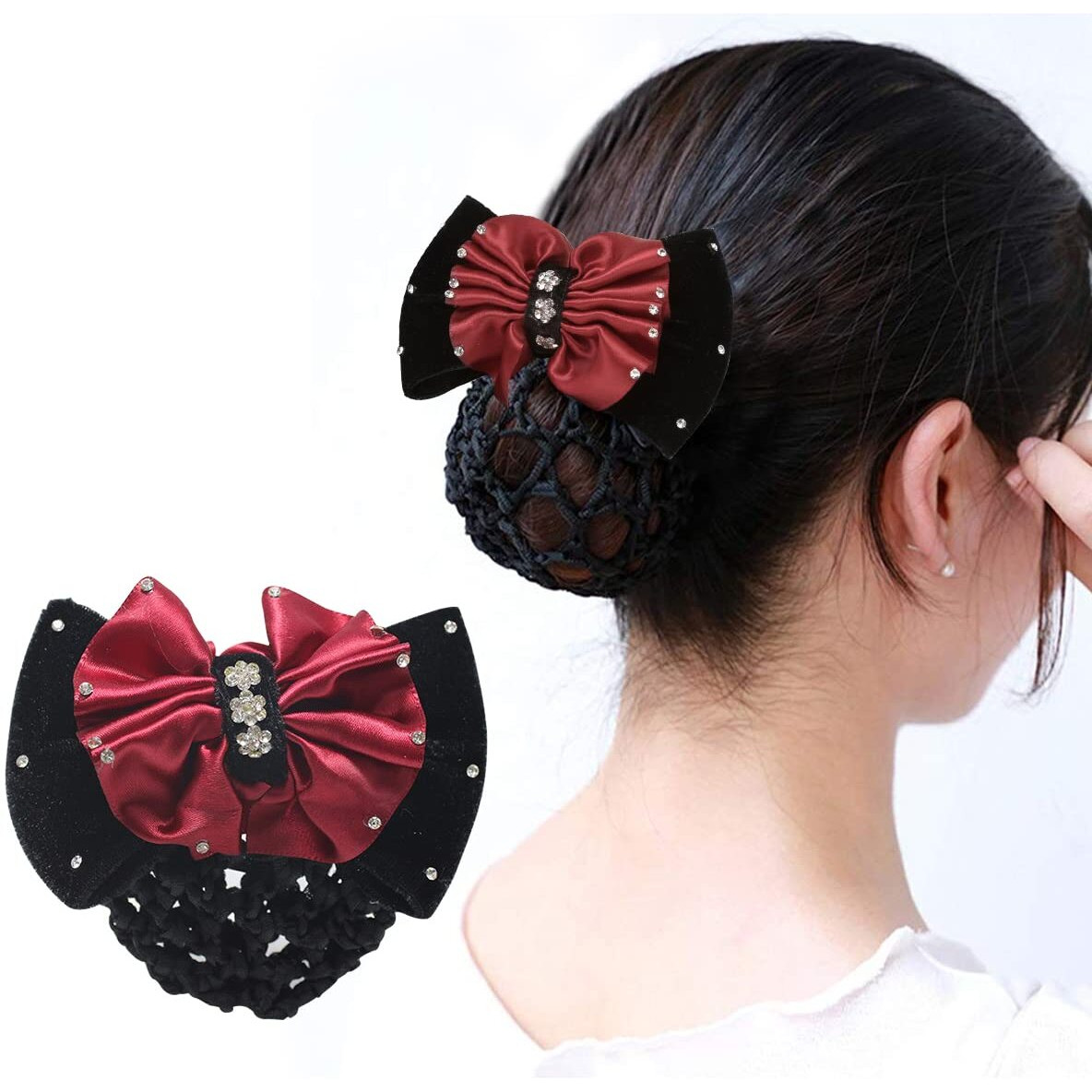 MAYCREATE Hair Bun Net Bow Hair Clip Bun Cover for Women Mesh Barrette Spring Clip Hairnet Bowknot Decor Snood Net for Daily, Work, Dancer, Nurse, etc (Red)