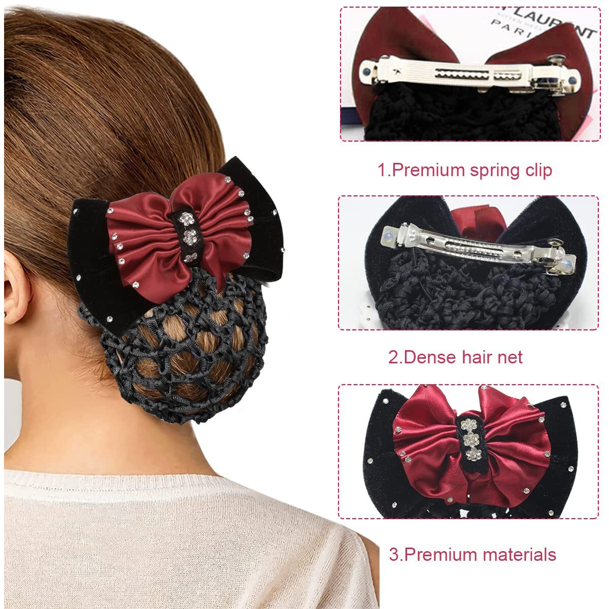 MAYCREATE Hair Bun Net Bow Hair Clip Bun Cover for Women Mesh Barrette Spring Clip Hairnet Bowknot Decor Snood Net for Daily, Work, Dancer, Nurse, etc (Red)