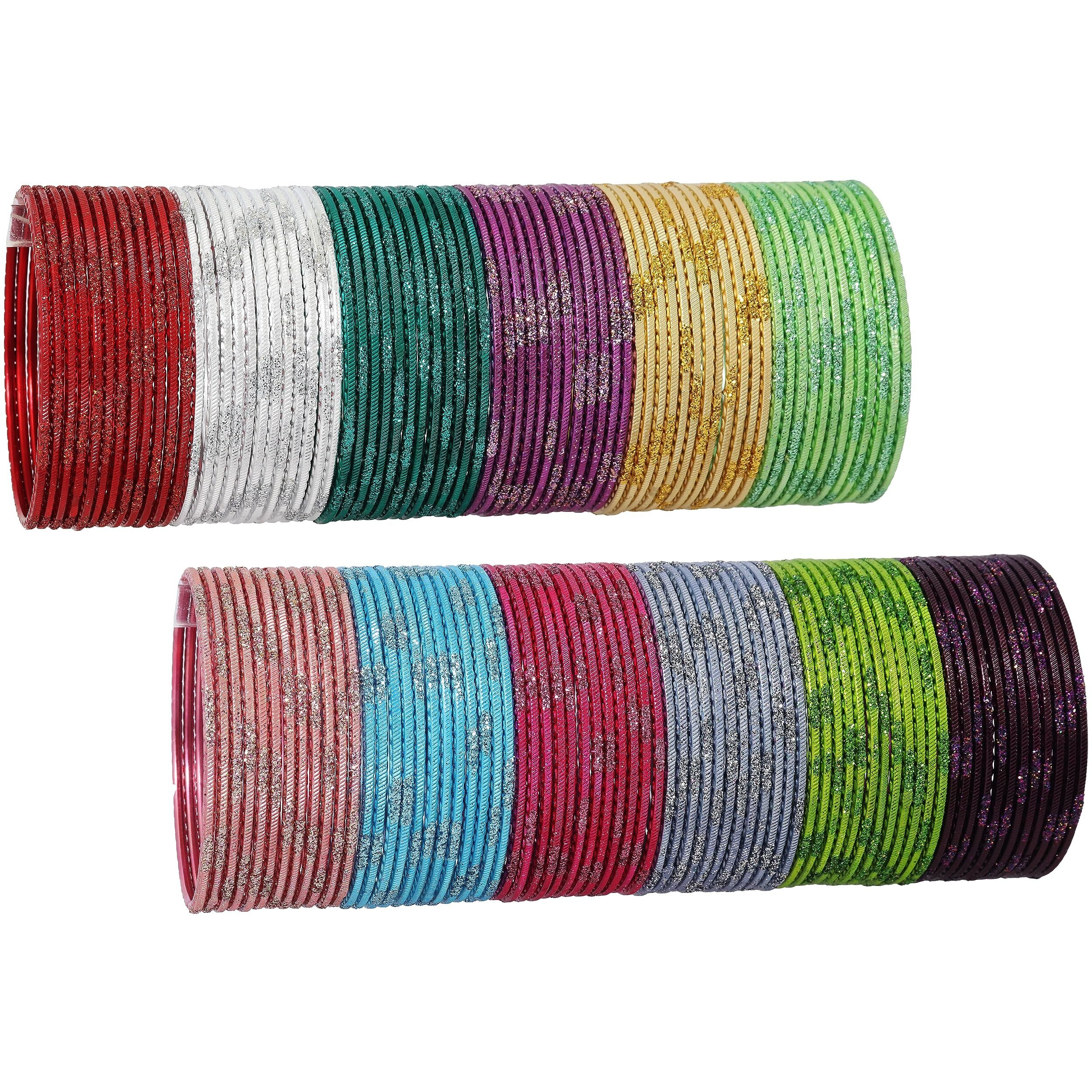 NMII Stylish Multi colour Metal Bangles set for women and Girls with Zari and Cutting Design | Fancy Multicolour Bangles for women | Metal Churi Set- Pack of 144 Bangles, (PP15-(6)-Multi-2.10)
