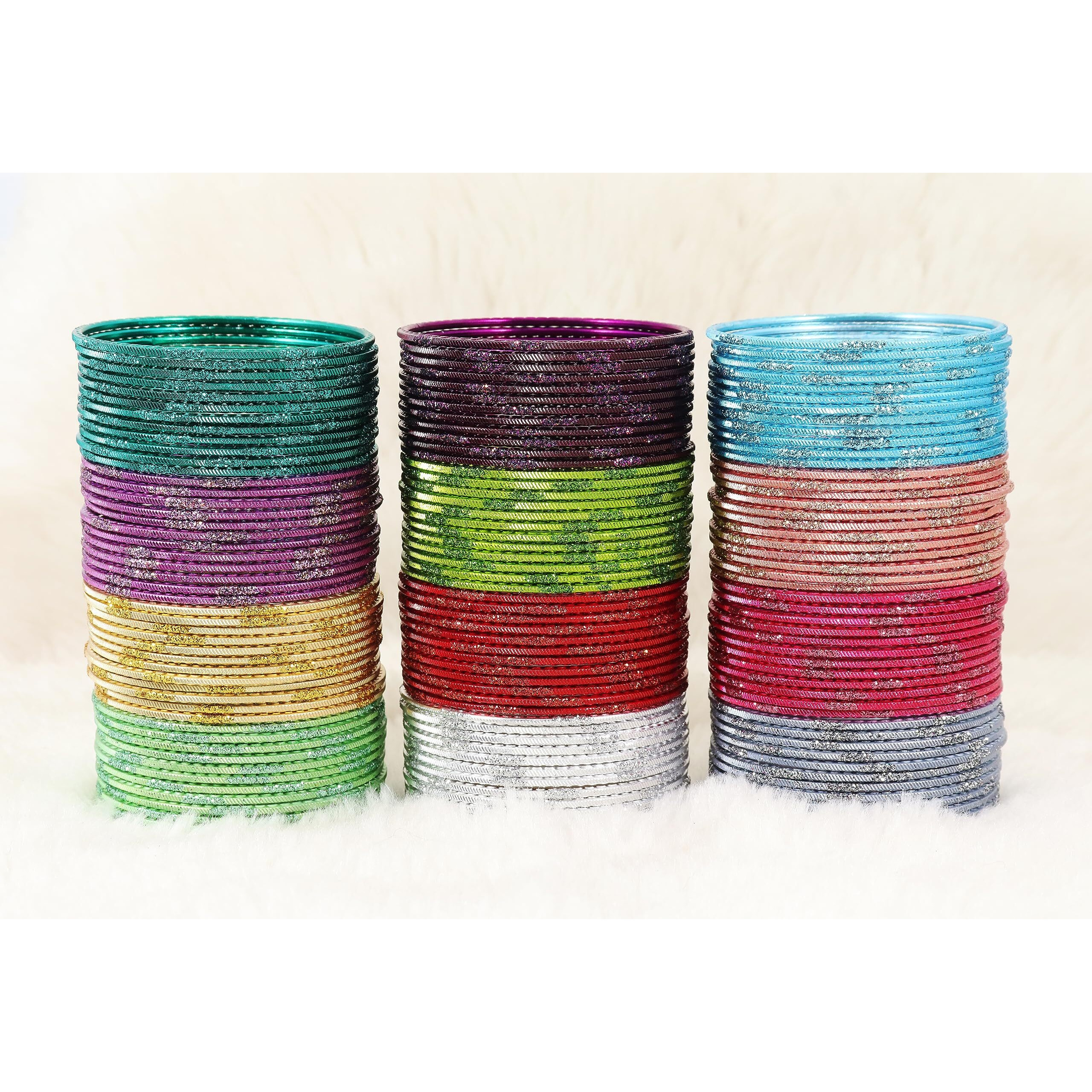 NMII Stylish Multi colour Metal Bangles set for women and Girls with Zari and Cutting Design | Fancy Multicolour Bangles for women | Metal Churi Set- Pack of 144 Bangles, (PP15-(6)-Multi-2.10)