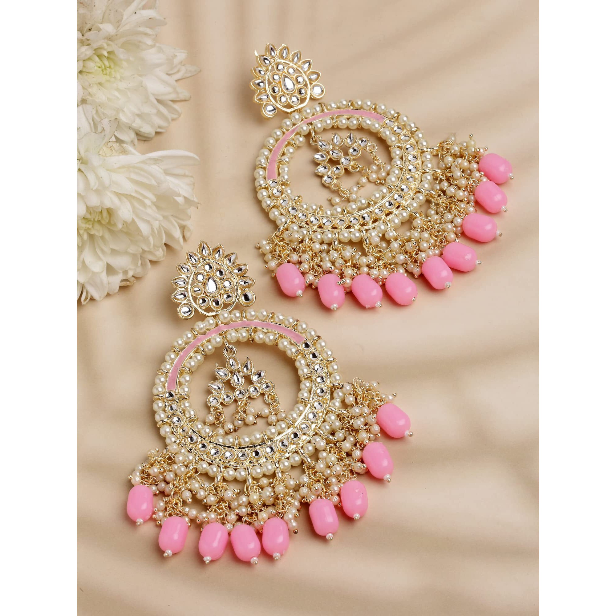 Shining Diva Fashion Latest Stylish Traditional Kundan Earrings for Women and Girls (14066er)(Pink)