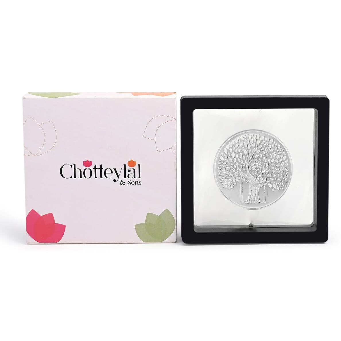 CHOTTEY LAL AND SONS 999 Purity Banyan Tree Round Silver Coin with Unique Box Packaging for Coporate Gifting, Ceremony, Wedding and Festivals (Silver, 1 Gram)