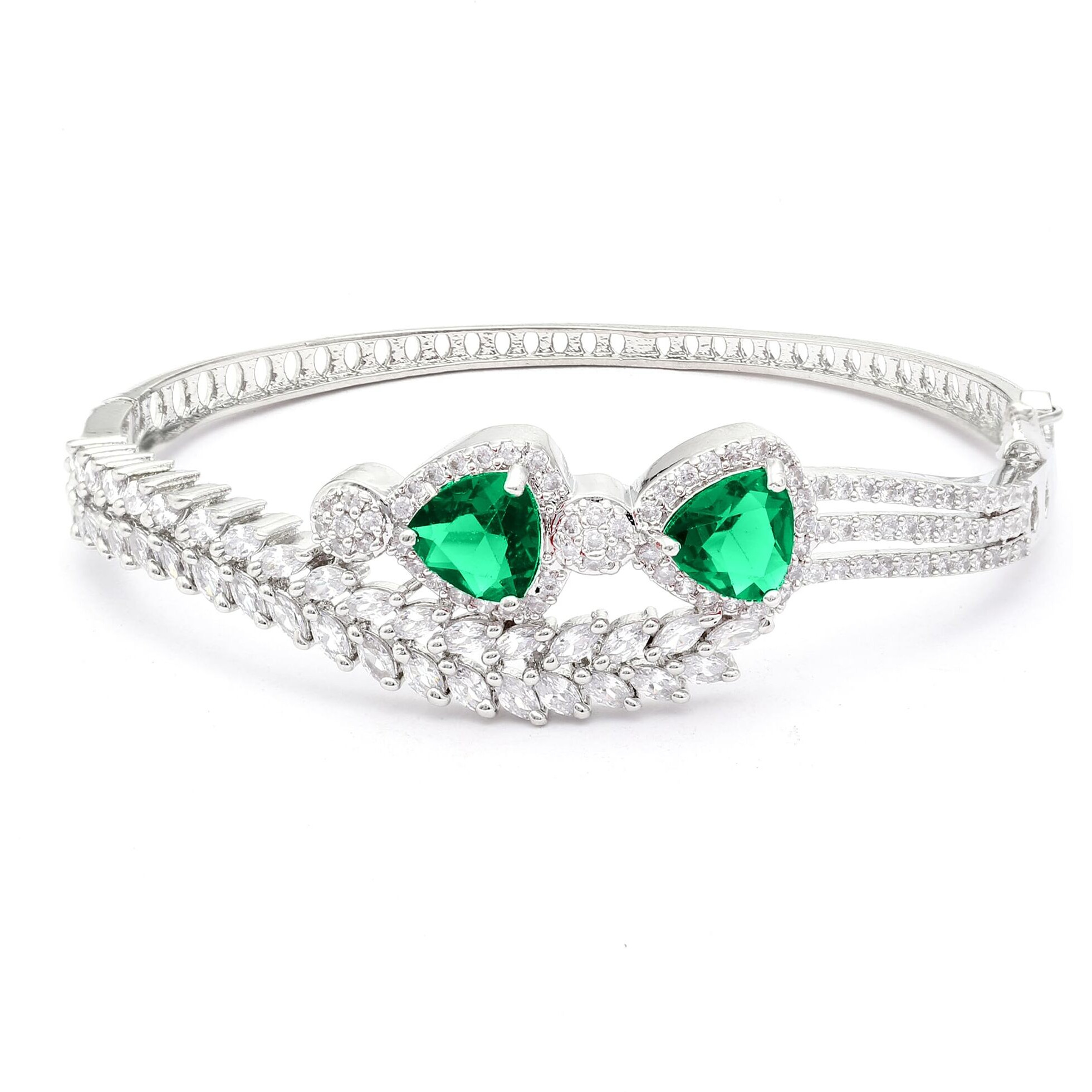 ZENEME Bracelet Rhodium-Plated Silver Toned Emerald Green American Diamond Studded Teardrop With Leaf Shaped Openable Kada Bracelet For Women and Girls