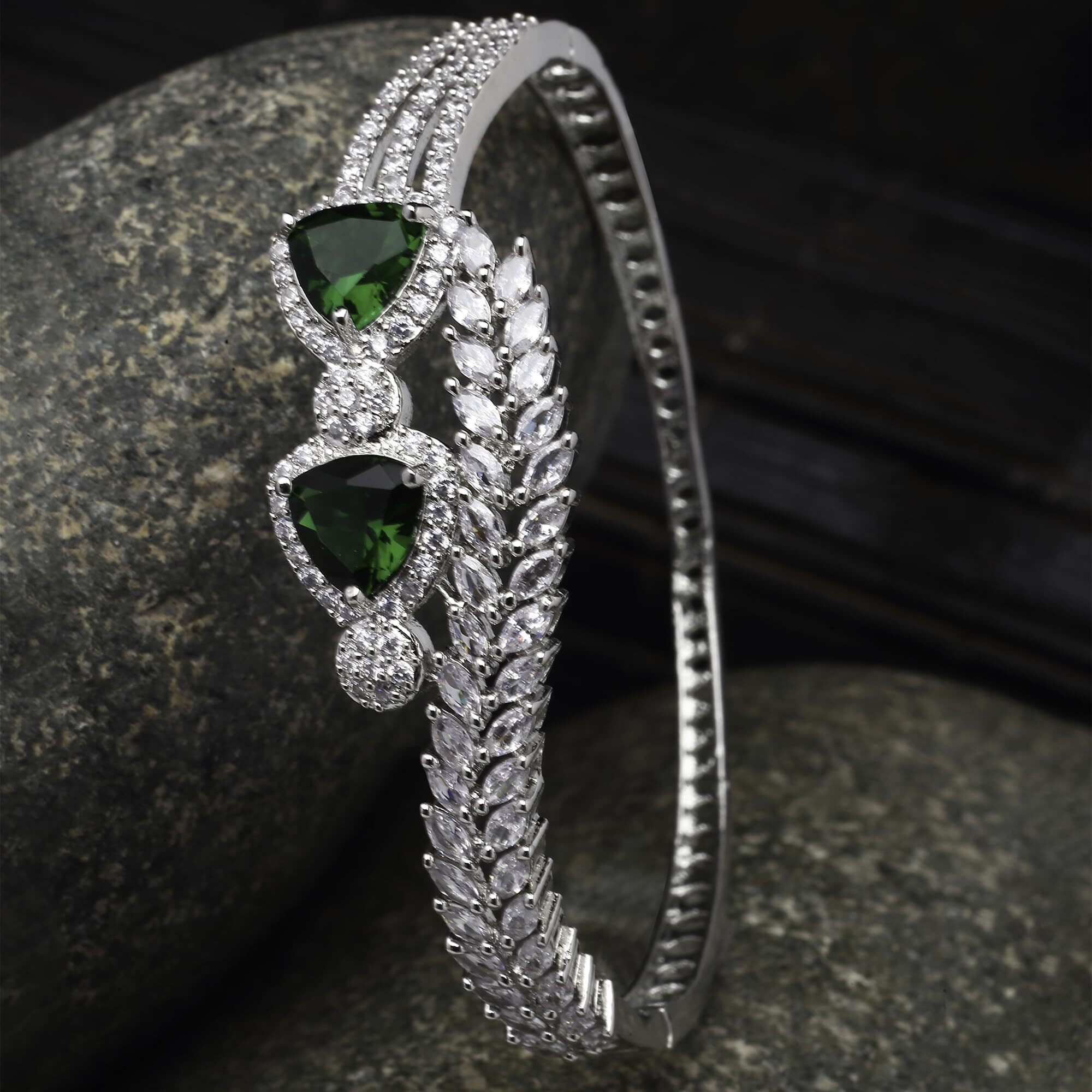 ZENEME Bracelet Rhodium-Plated Silver Toned Emerald Green American Diamond Studded Teardrop With Leaf Shaped Openable Kada Bracelet For Women and Girls