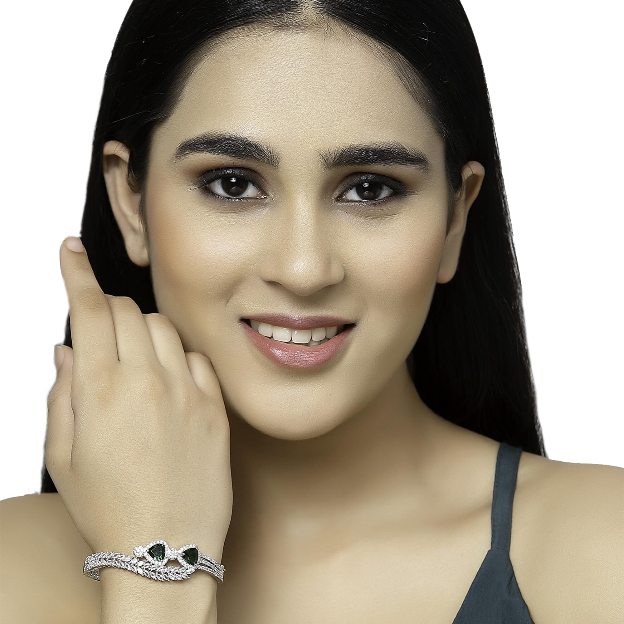 ZENEME Bracelet Rhodium-Plated Silver Toned Emerald Green American Diamond Studded Teardrop With Leaf Shaped Openable Kada Bracelet For Women and Girls