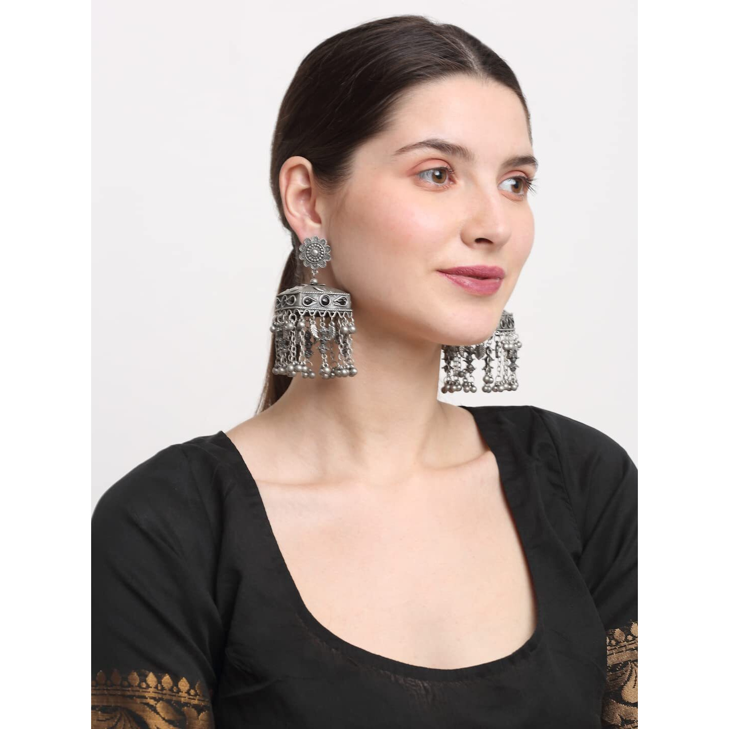 YouBella Jewellery Celebrity Inspired Oxidised Silver Big Size Jhumki Earrings for Girls and Women (Style 1)