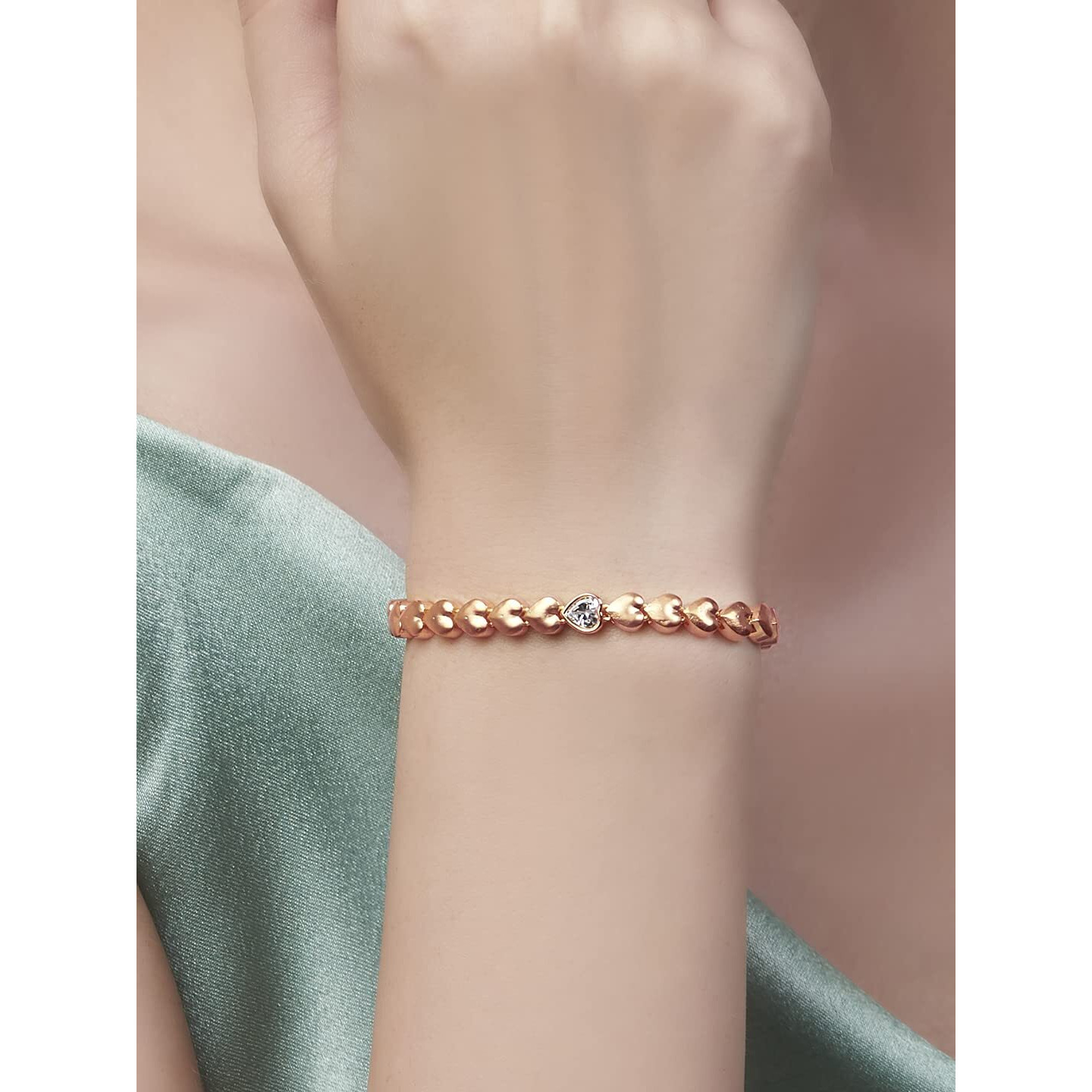 MINUTIAE Stylish Heart Shape Love Theme Tennis Bracelet with Solitaire Cut Crystals Cubic Zirconia Diamond - Rose Gold | Anti-Allergic, Skin Friendly and Unique Masterpiece Gift For Her/Girls/Women