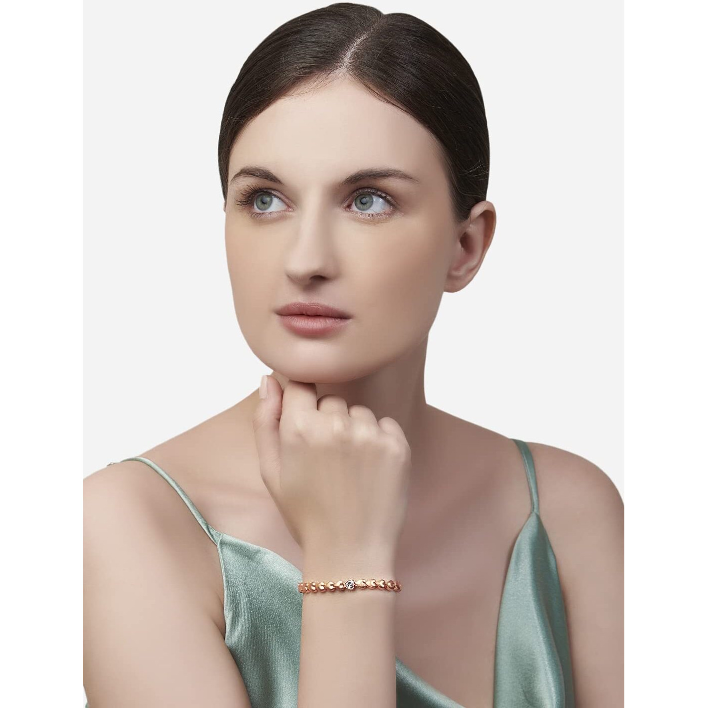 MINUTIAE Stylish Heart Shape Love Theme Tennis Bracelet with Solitaire Cut Crystals Cubic Zirconia Diamond - Rose Gold | Anti-Allergic, Skin Friendly and Unique Masterpiece Gift For Her/Girls/Women
