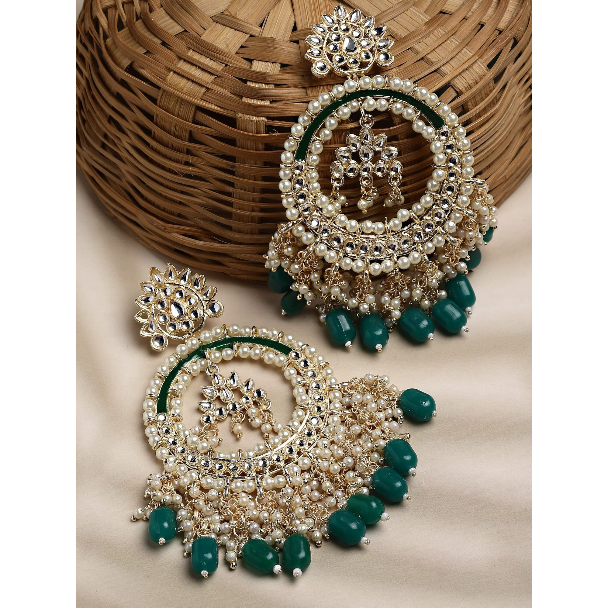 Shining Diva Fashion Latest Stylish Traditional Pearl Kundan Earrings for Women and Girls (14062er)(Green)
