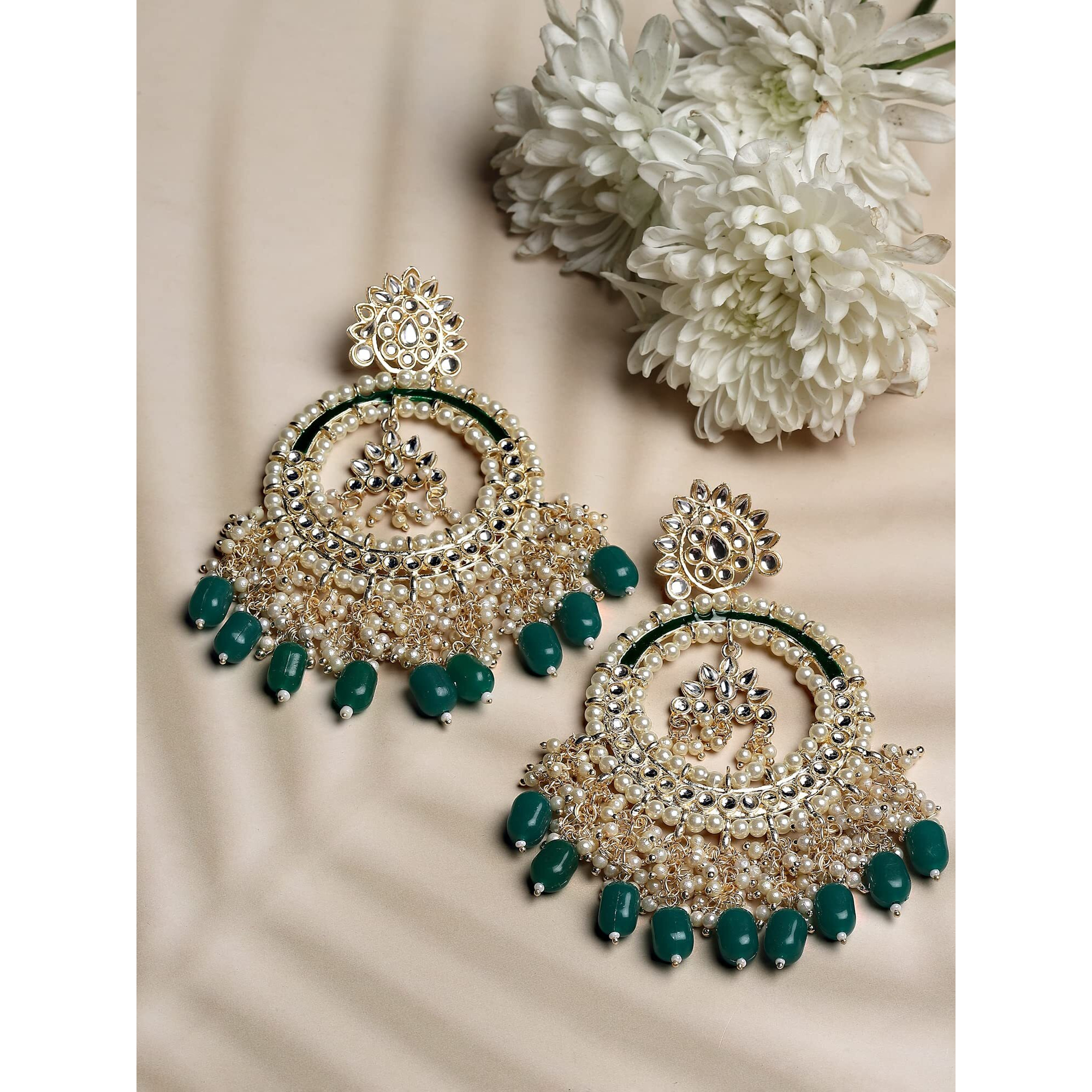 Shining Diva Fashion Latest Stylish Traditional Pearl Kundan Earrings for Women and Girls (14062er)(Green)