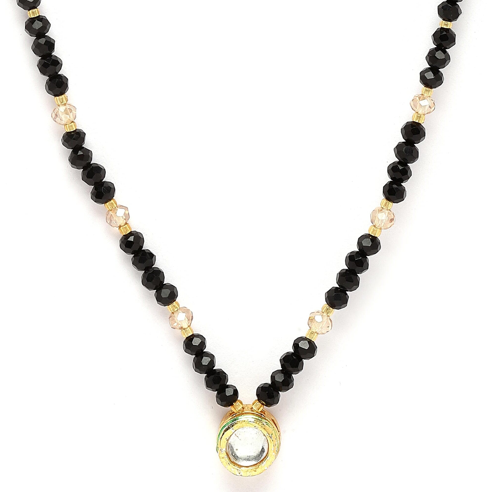 ZENEME Gold-Plated Black & White Artificial Stones Studded & Beads Beaded Locket Mangalsutra For Women (Design 1)