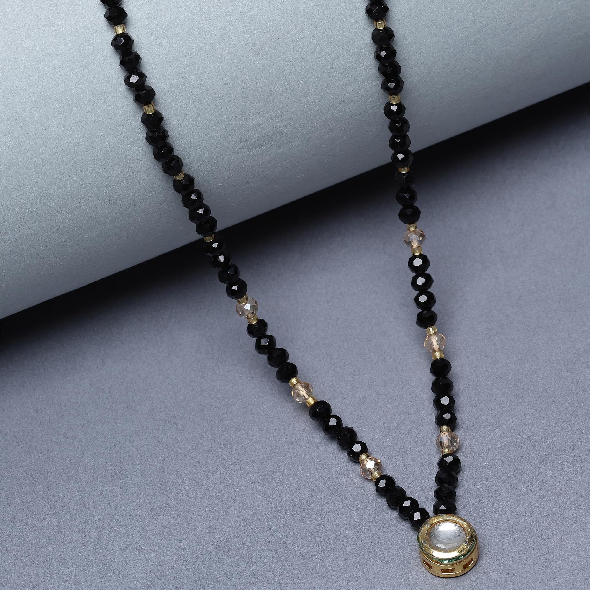ZENEME Gold-Plated Black & White Artificial Stones Studded & Beads Beaded Locket Mangalsutra For Women (Design 1)