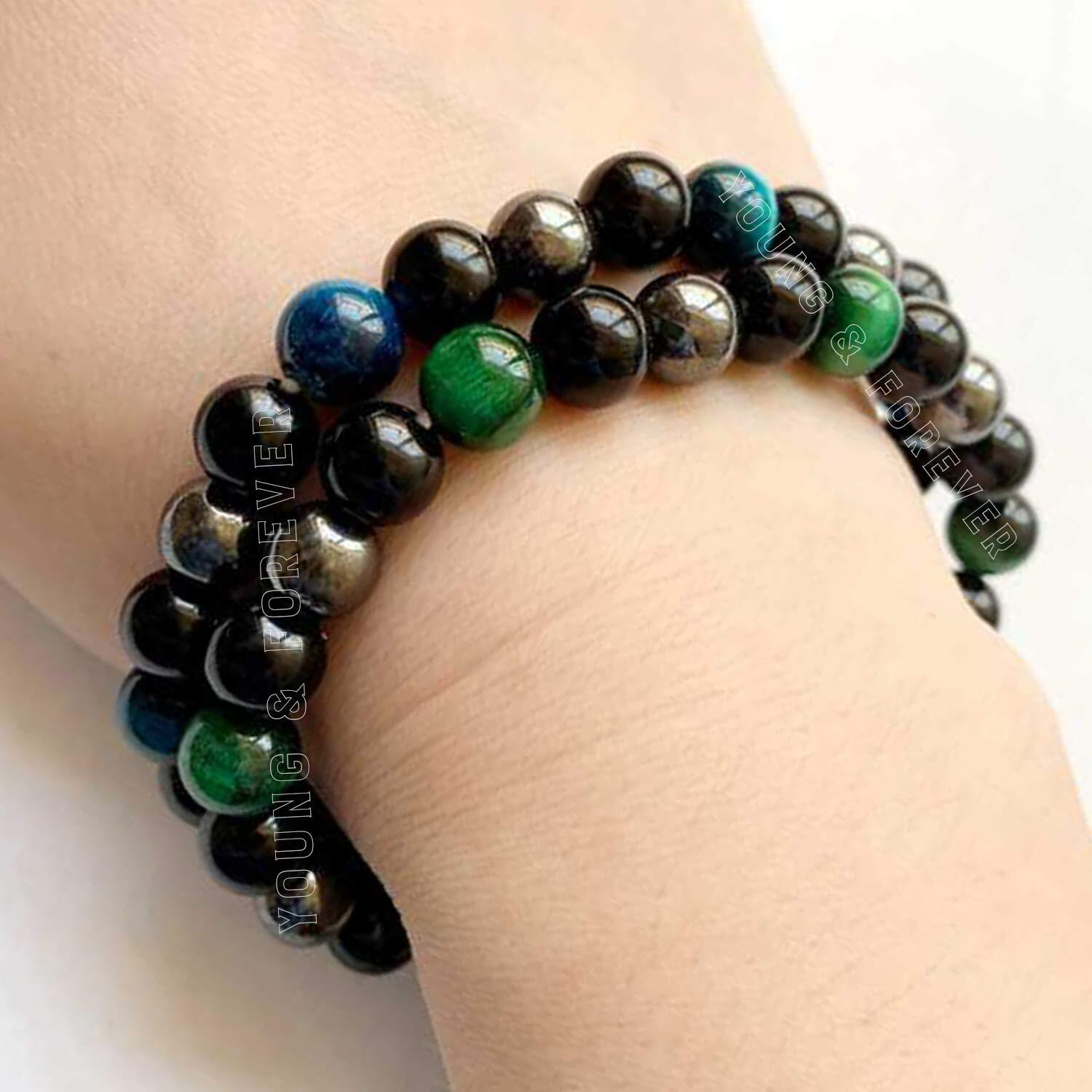 Young & Forever Gift Reiki Infused Handmade Chakra Bracelets for Women Semi Precious Gemstone Green Tiger Eye Onyx Hematite Weight Loss Healing Crystal Bracelet for Men