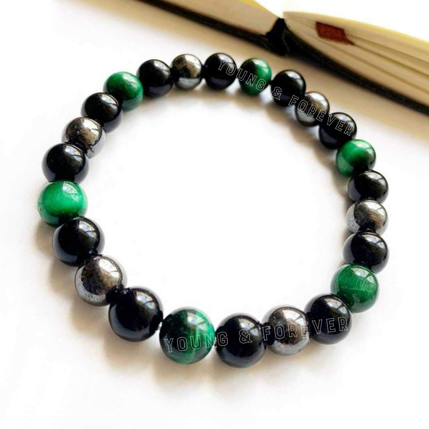 Young & Forever Gift Reiki Infused Handmade Chakra Bracelets for Women Semi Precious Gemstone Green Tiger Eye Onyx Hematite Weight Loss Healing Crystal Bracelet for Men