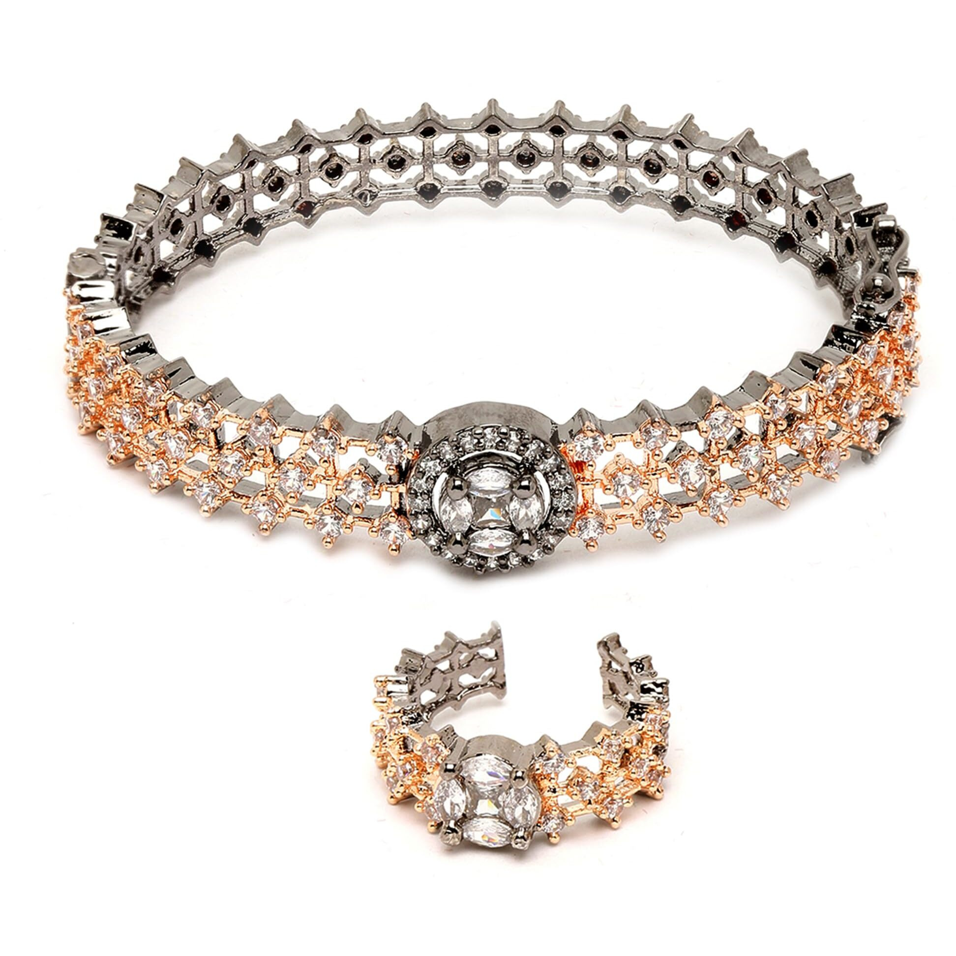ZENEME Bracelet Rose Gold Gun Metal Toned American Diamond Studded Celebrity Inspired Openable Kada With Matching Ring Bracelet for Women & Girls
