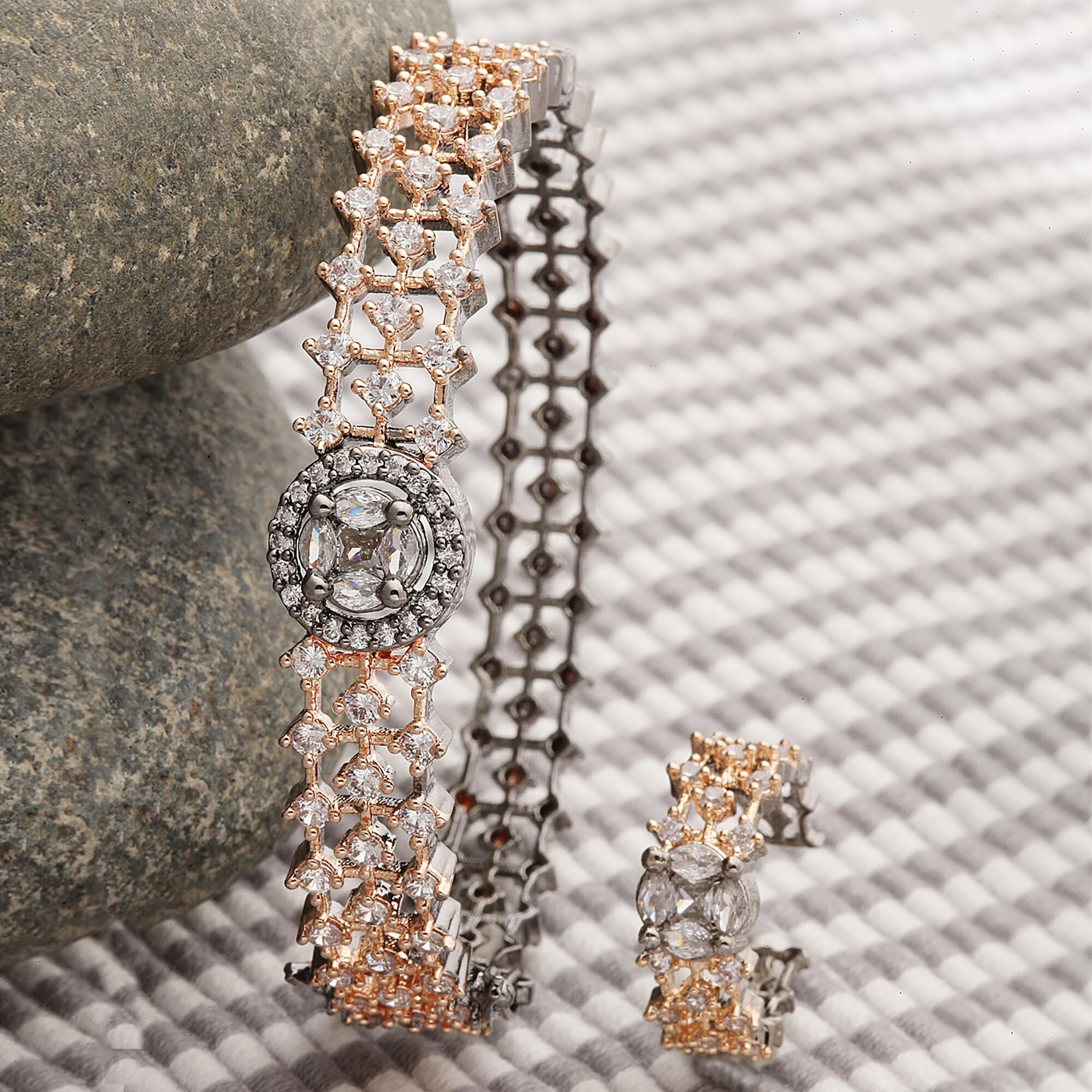 ZENEME Bracelet Rose Gold Gun Metal Toned American Diamond Studded Celebrity Inspired Openable Kada With Matching Ring Bracelet for Women & Girls