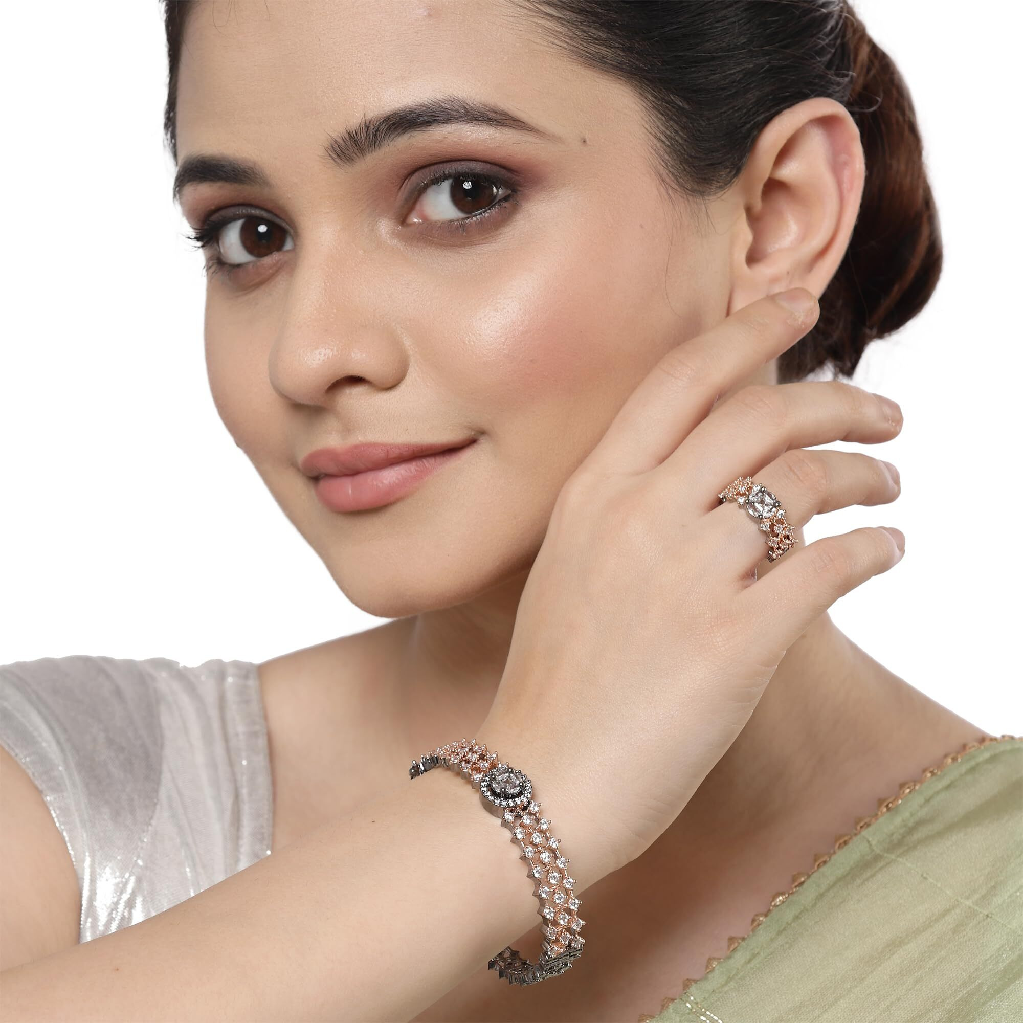 ZENEME Bracelet Rose Gold Gun Metal Toned American Diamond Studded Celebrity Inspired Openable Kada With Matching Ring Bracelet for Women & Girls