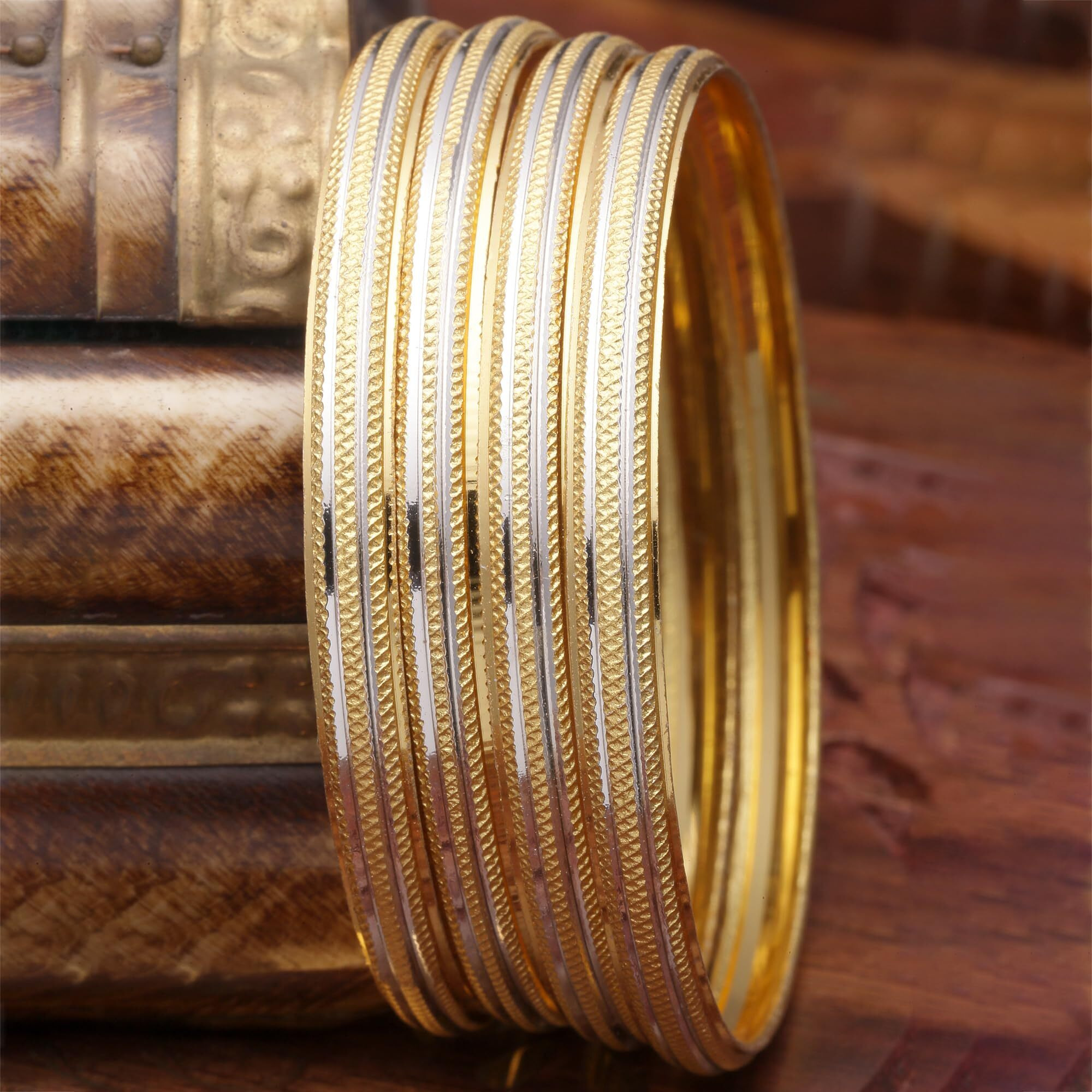 ZENEME Set Of 4 Gold-Plated Traditional Dual Toned Gold & Silver Handcrafted Classic Bangles For Girls and Women (Silver Line, 2.4)