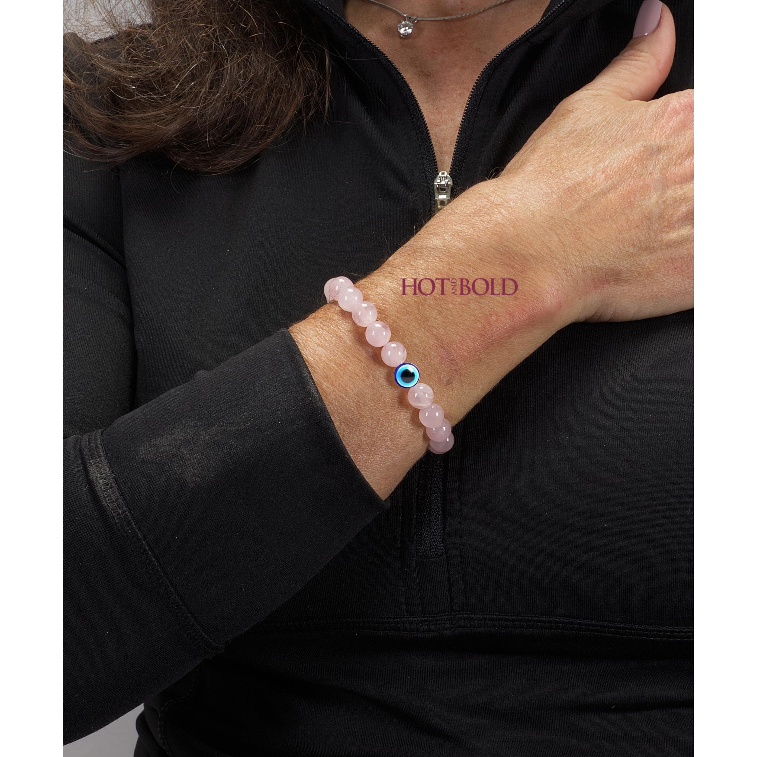 Hot And Bold Unisex Adult Natural Stone Bead Evil Eye Couple Combo Bracelet Set With Certificate - Embrace Harmony, Protection, And Positive Energy Together (Rose Quartz & Black Tourmaline)